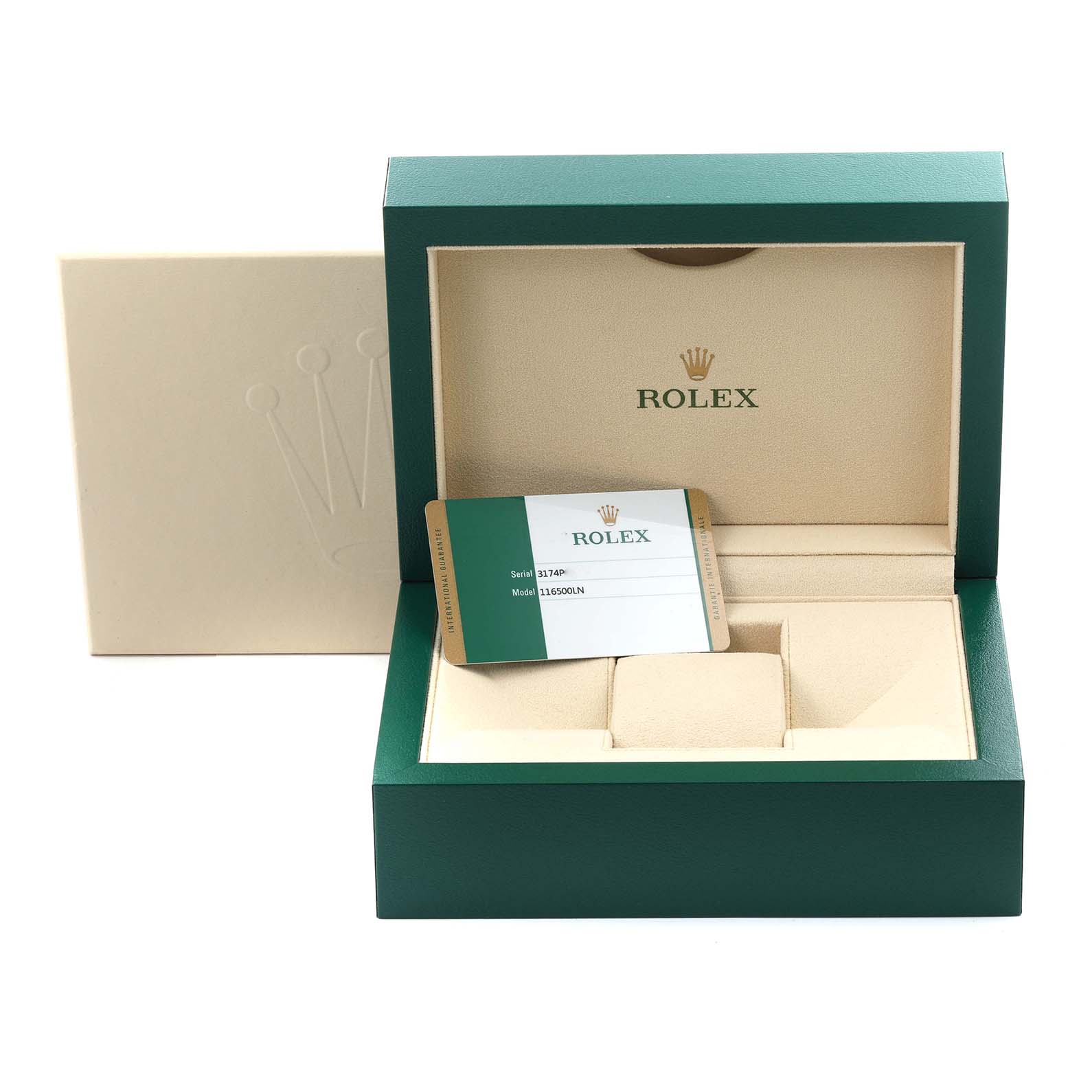 The image shows an open Rolex Daytona 116500LN Men
s Stainless Steel Black Dial 116500LN Men
s Stainless Steel Black Dial box with a guarantee card inside, viewed from the front.