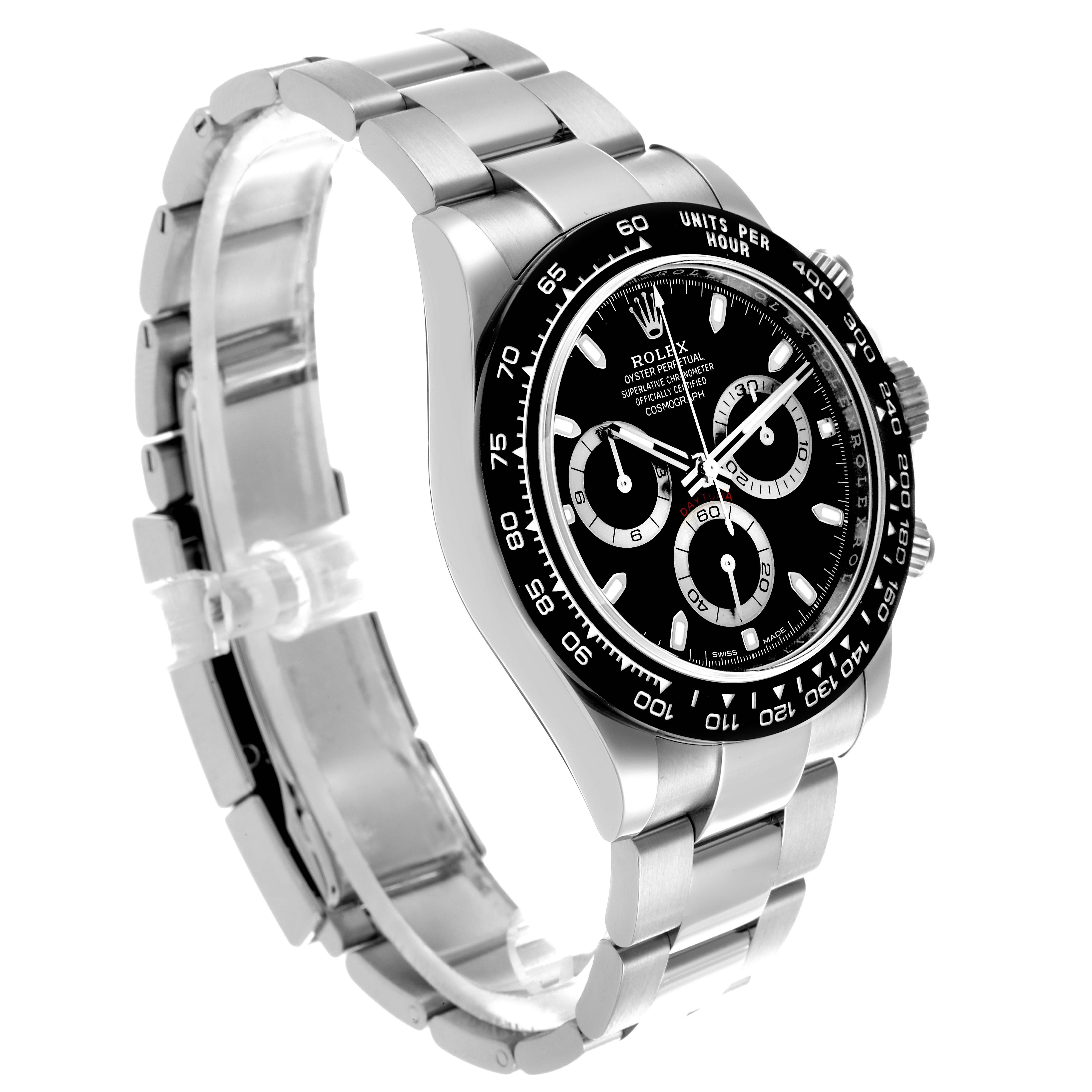 The Rolex Daytona 116500LN Men
s Stainless Steel Black Dial 116500LN Men
s Stainless Steel Black Dial watch is shown at a slight angle, displaying the face, bezel, and bracelet.