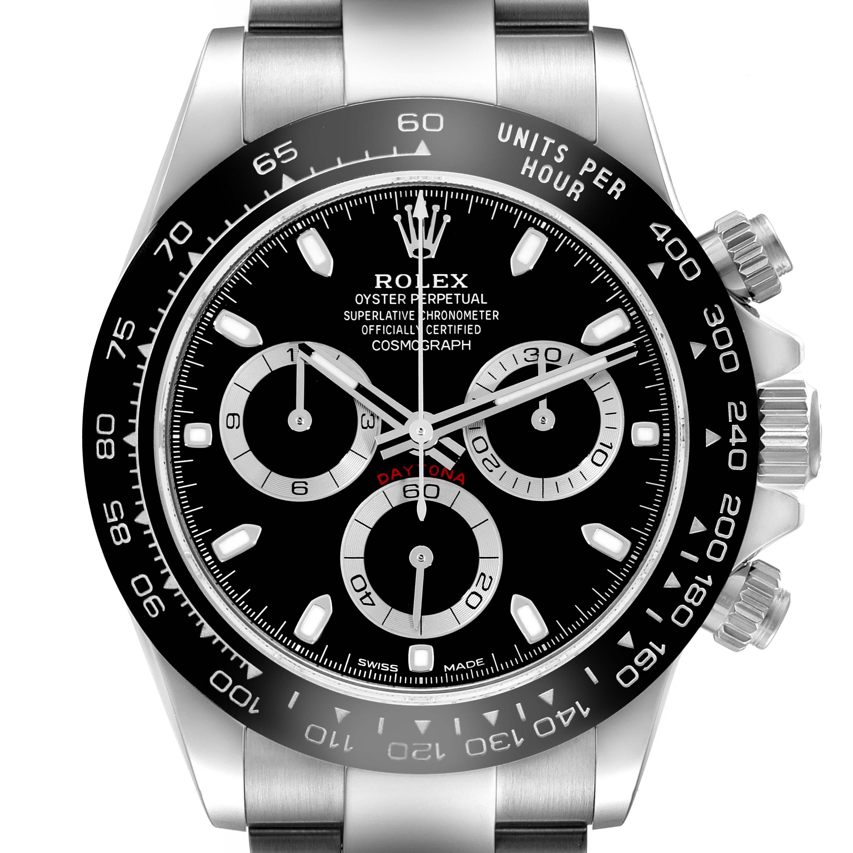 The Rolex Daytona 116500LN Men
s Stainless Steel Black Dial 116500LN Men
s Stainless Steel Black Dial watch is shown from a front view, highlighting the dial, bezel, and pushers.