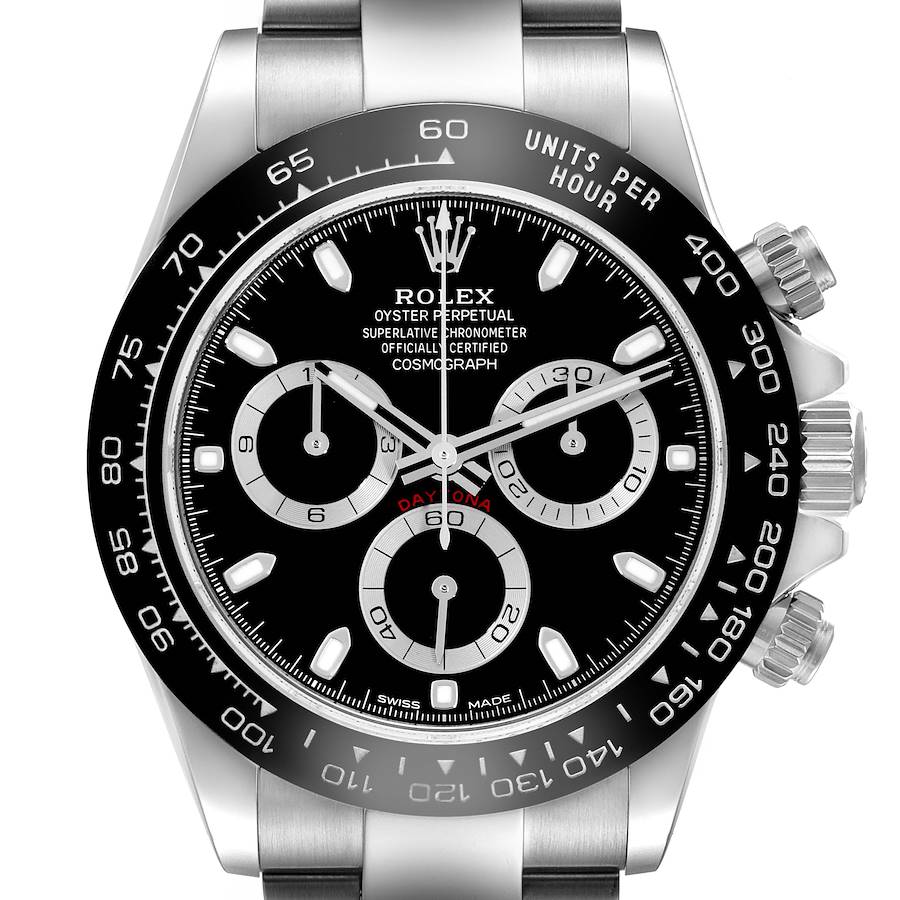 The Rolex Daytona watch is shown from a front view, highlighting the dial, bezel, and pushers.