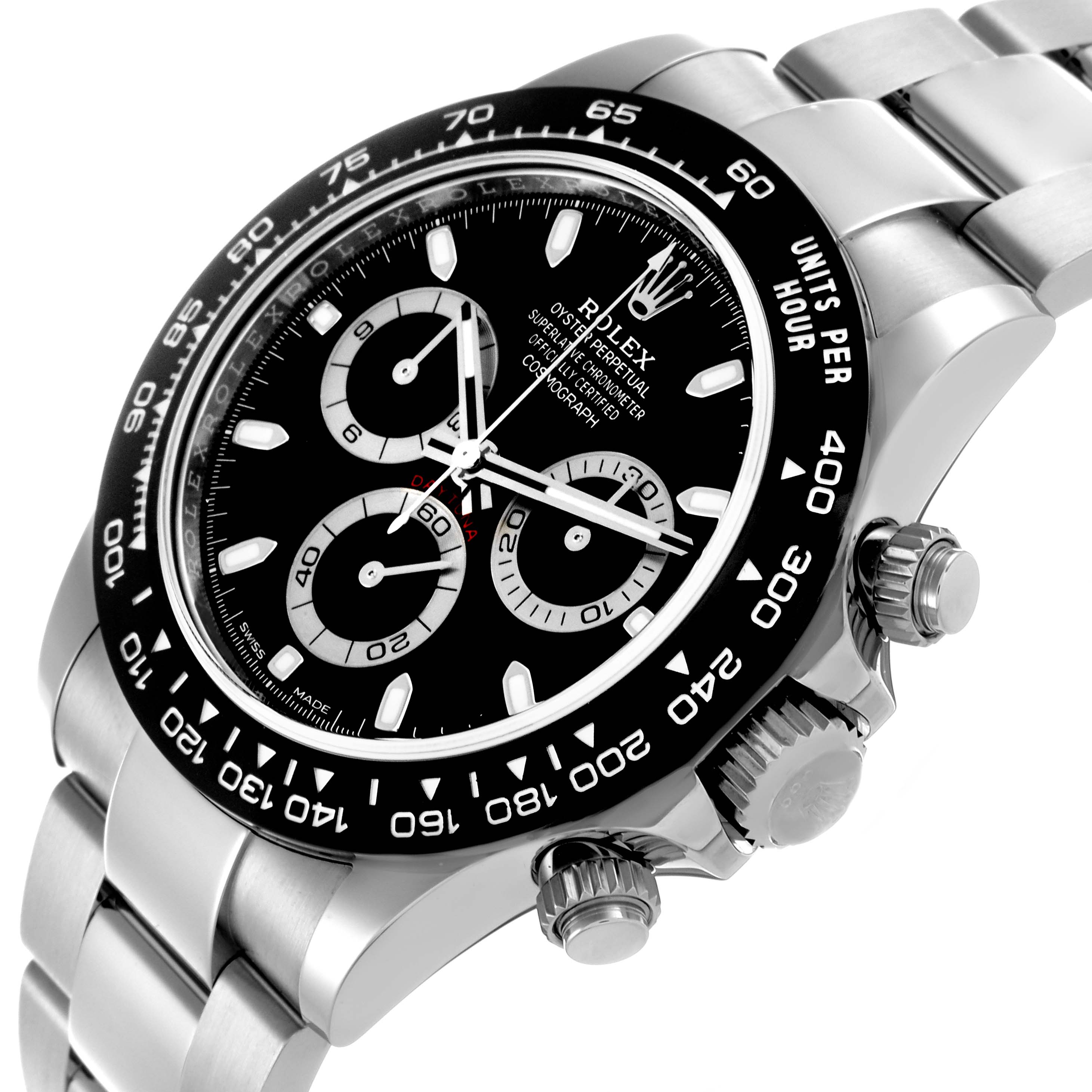 The image shows a side angle of the Rolex Daytona 116500LN Men
s Stainless Steel Black Dial 116500LN Men
s Stainless Steel Black Dial watch, highlighting the bezel, dial, and chronograph pushers.