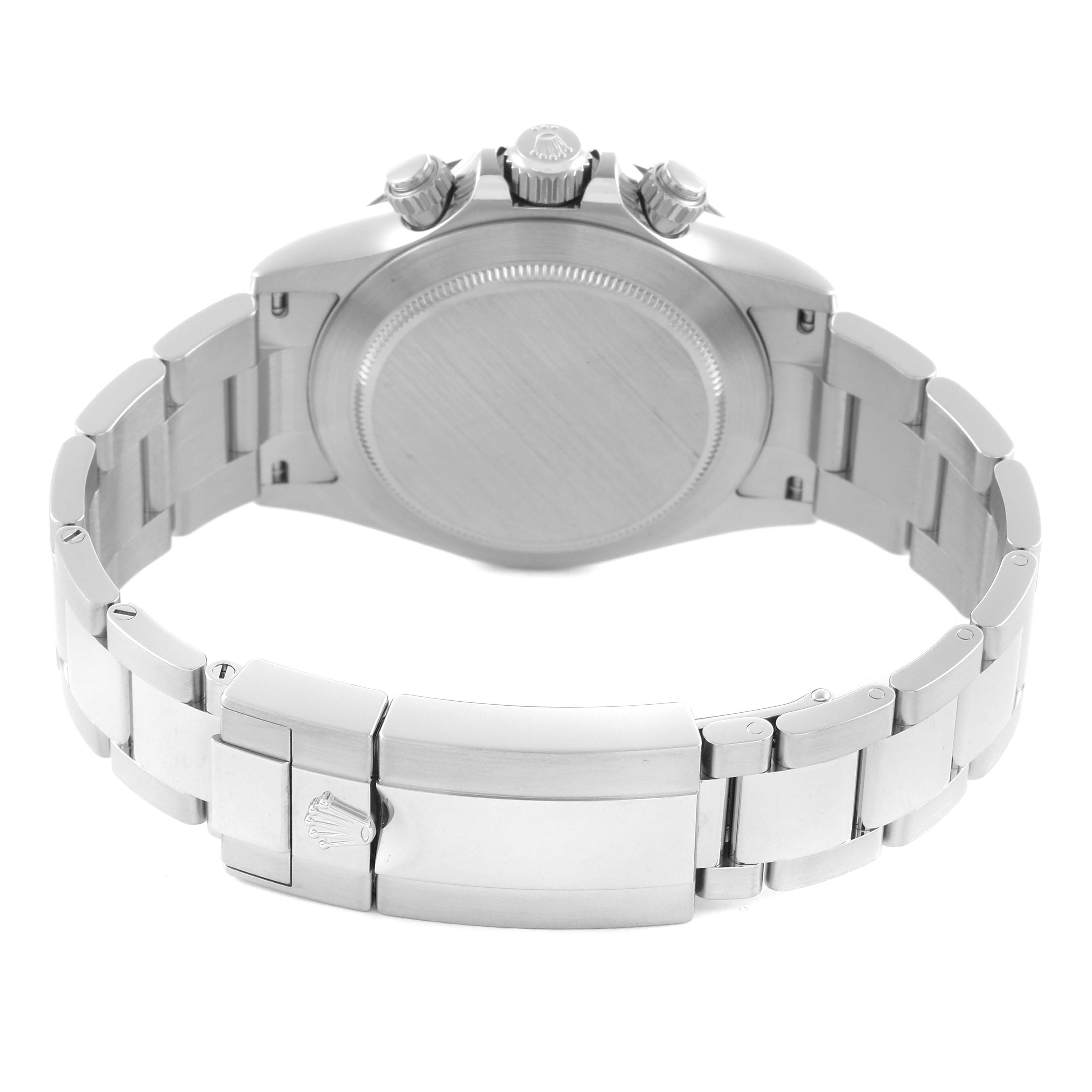 The image shows the back and bracelet of a Rolex Daytona 116500LN Men
s Stainless Steel Black Dial 116500LN Men
s Stainless Steel Black Dial, highlighting the case back and clasp.