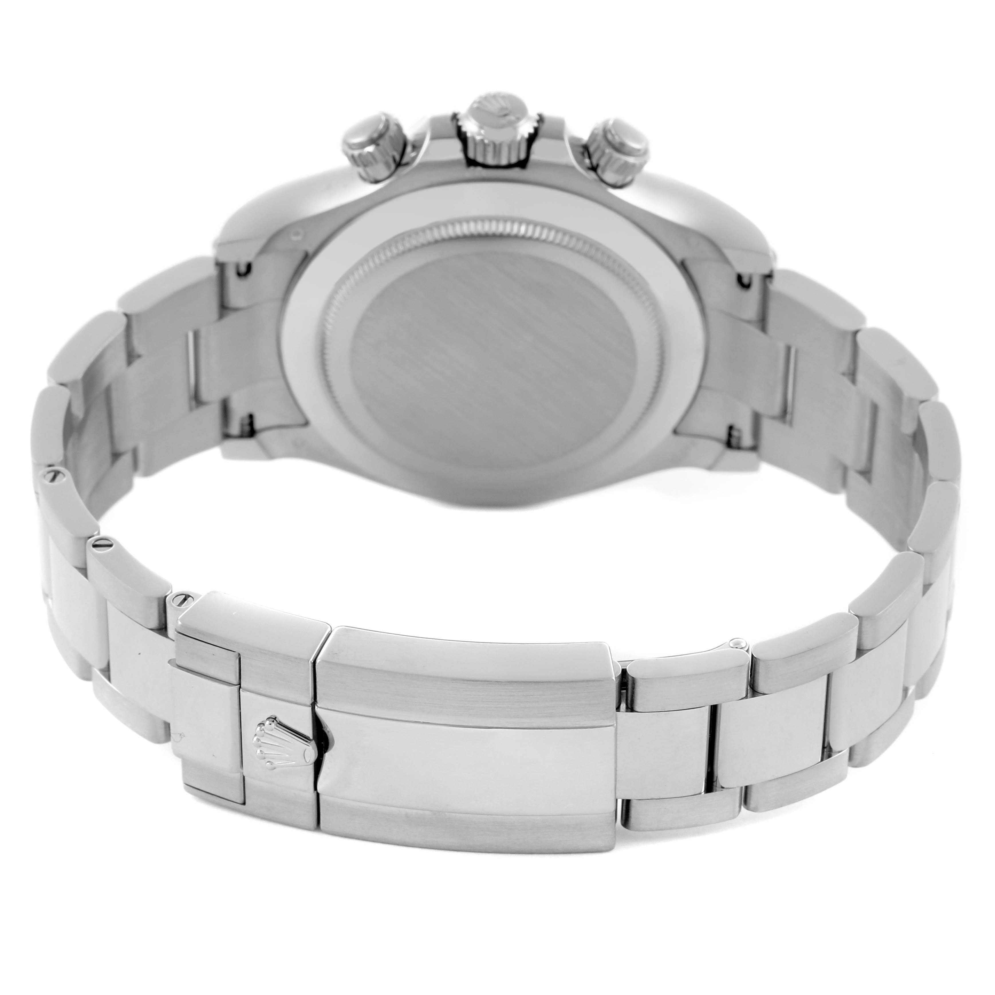 The image shows the back view of a Rolex Daytona 116509 Men's White Gold Blue Dial 116509 Men's White Gold Blue Dial watch, highlighting the clasp, bracelet, and case back.