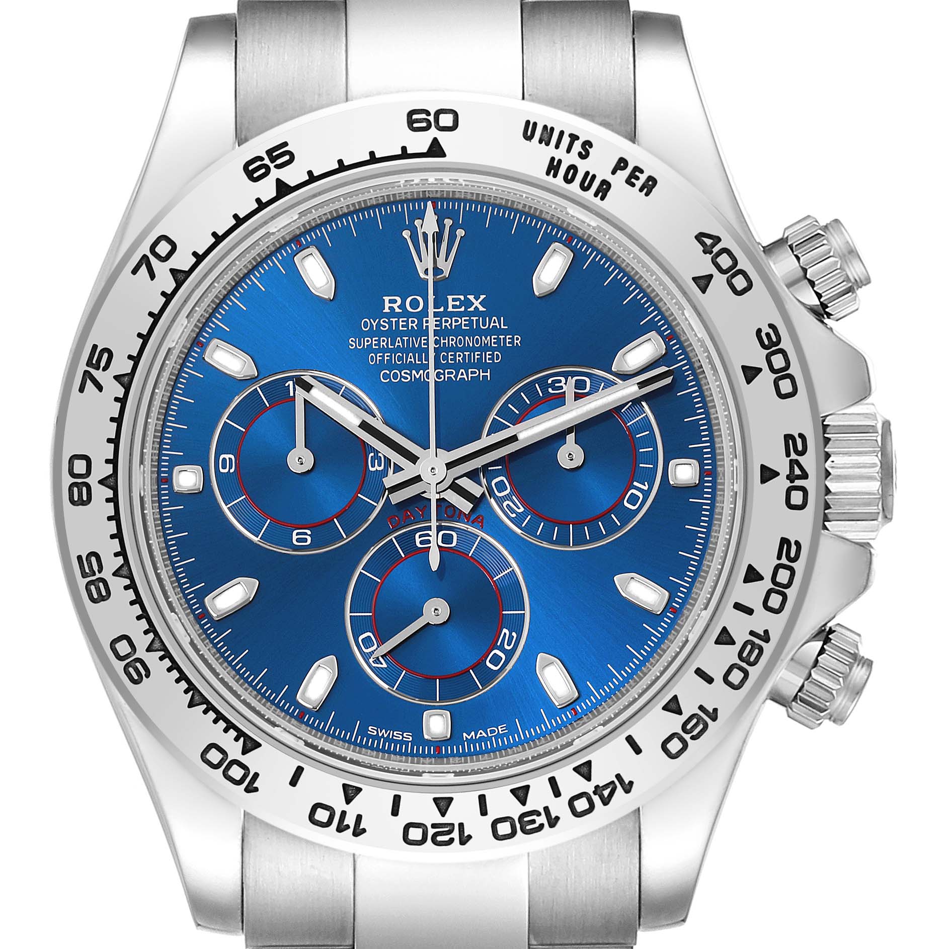 The Rolex Daytona 116509 Men's White Gold Blue Dial 116509 Men's White Gold Blue Dial watch is shown from the front, highlighting its face, bezel, crown, and pushers.
