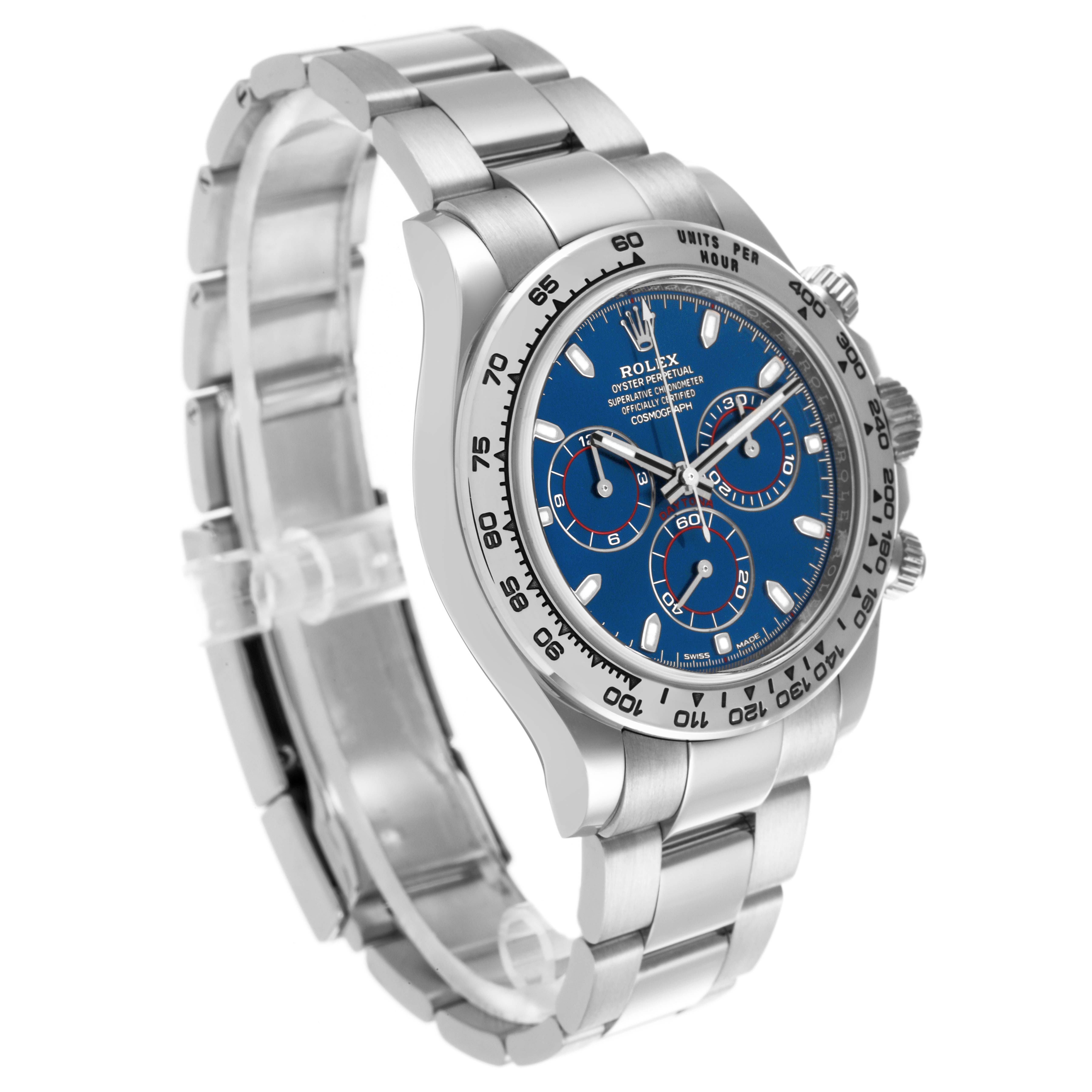 The Rolex Daytona 116509 Men's White Gold Blue Dial 116509 Men's White Gold Blue Dial watch is shown at an angle highlighting its face, bezel, and bracelet.