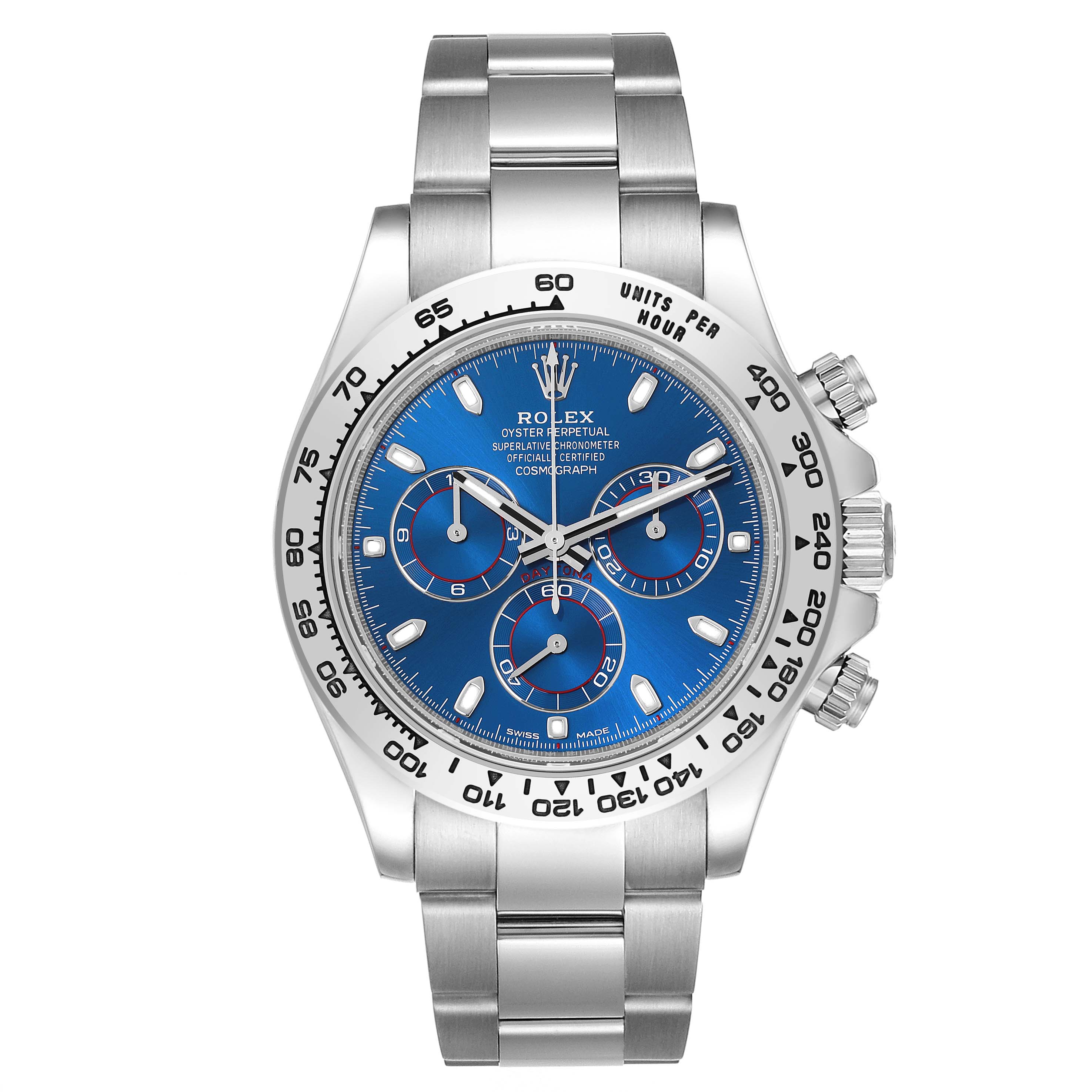 The Rolex Daytona 116509 Men's White Gold Blue Dial 116509 Men's White Gold Blue Dial watch is shown from the front, displaying its blue dial, bezel, pushers, and bracelet.