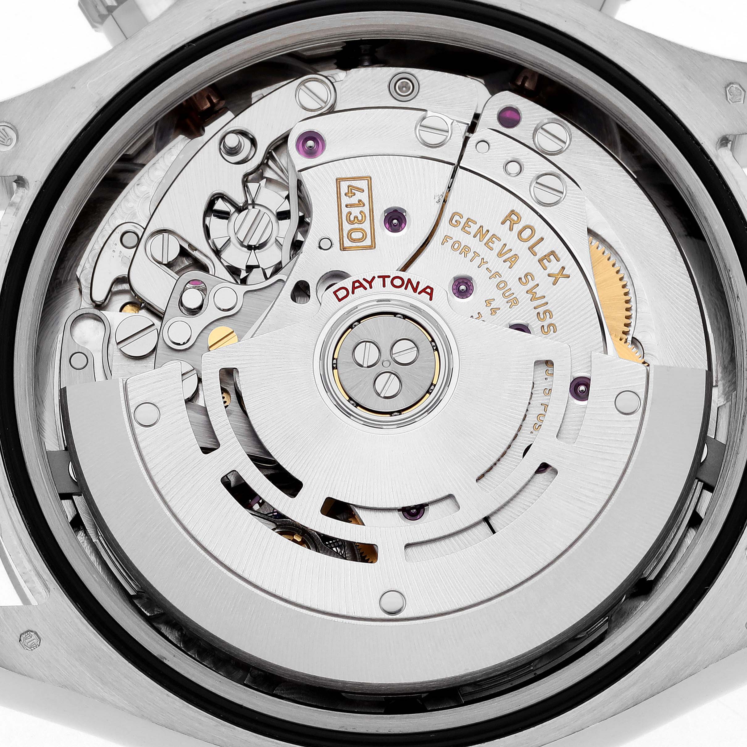 The image shows the movement mechanism of a Rolex Daytona 116509 Men's White Gold Blue Dial 116509 Men's White Gold Blue Dial watch from the back.