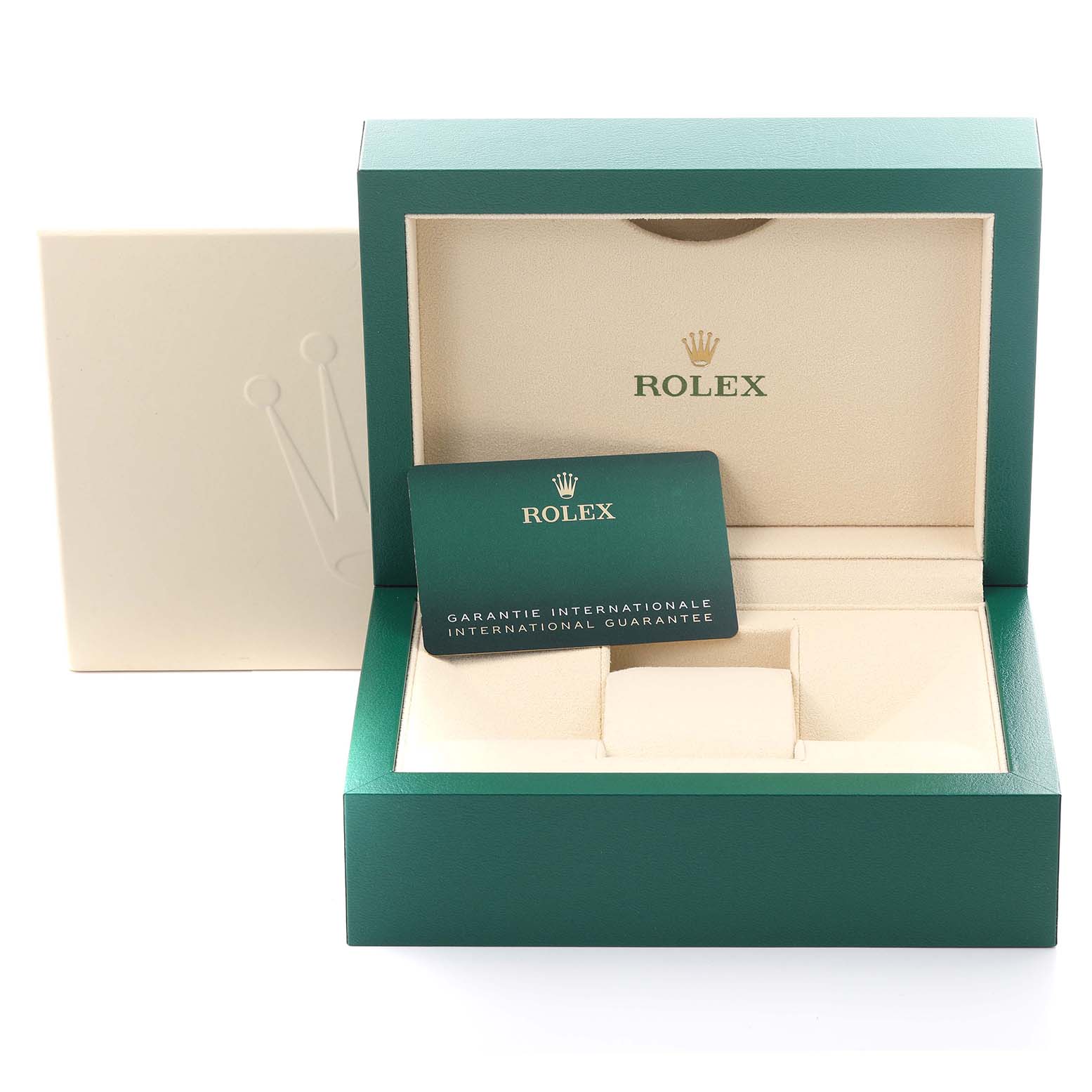 The image shows a Rolex Daytona 116509 Men's White Gold Blue Dial 116509 Men's White Gold Blue Dial watch box and international guarantee card from a front angle.