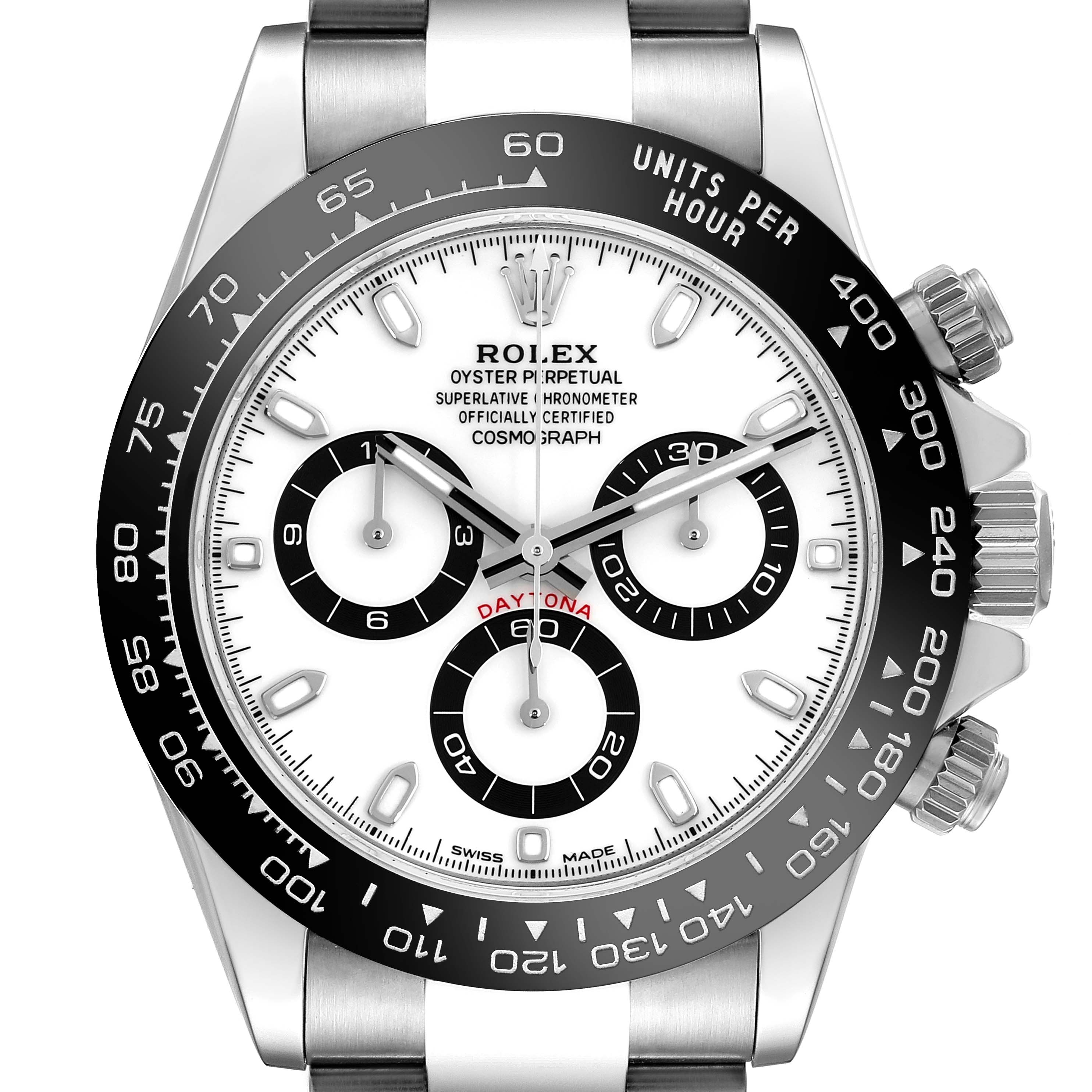 The Rolex Daytona 116500LN Men's Stainless Steel White Dial 116500LN Men's Stainless Steel White Dial watch is shown from the front, highlighting its dial, bezel, sub-dials, and crown.