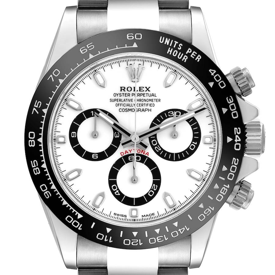 The Rolex Daytona watch is shown from the front, highlighting its dial, bezel, sub-dials, and crown.