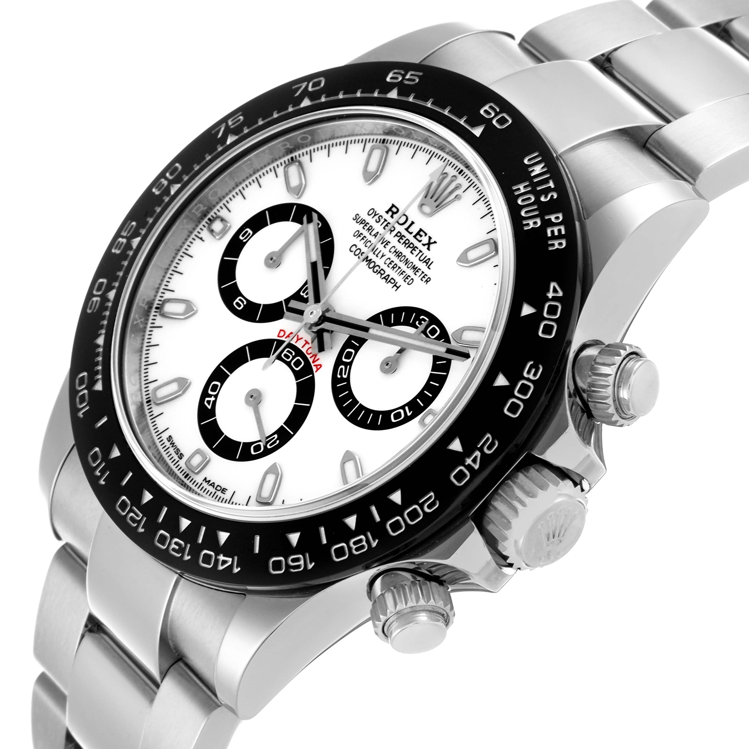 The Rolex Daytona 116500LN Men's Stainless Steel White Dial 116500LN Men's Stainless Steel White Dial watch is shown at a close angle, highlighting the dial, bezel, crown, and part of the bracelet.