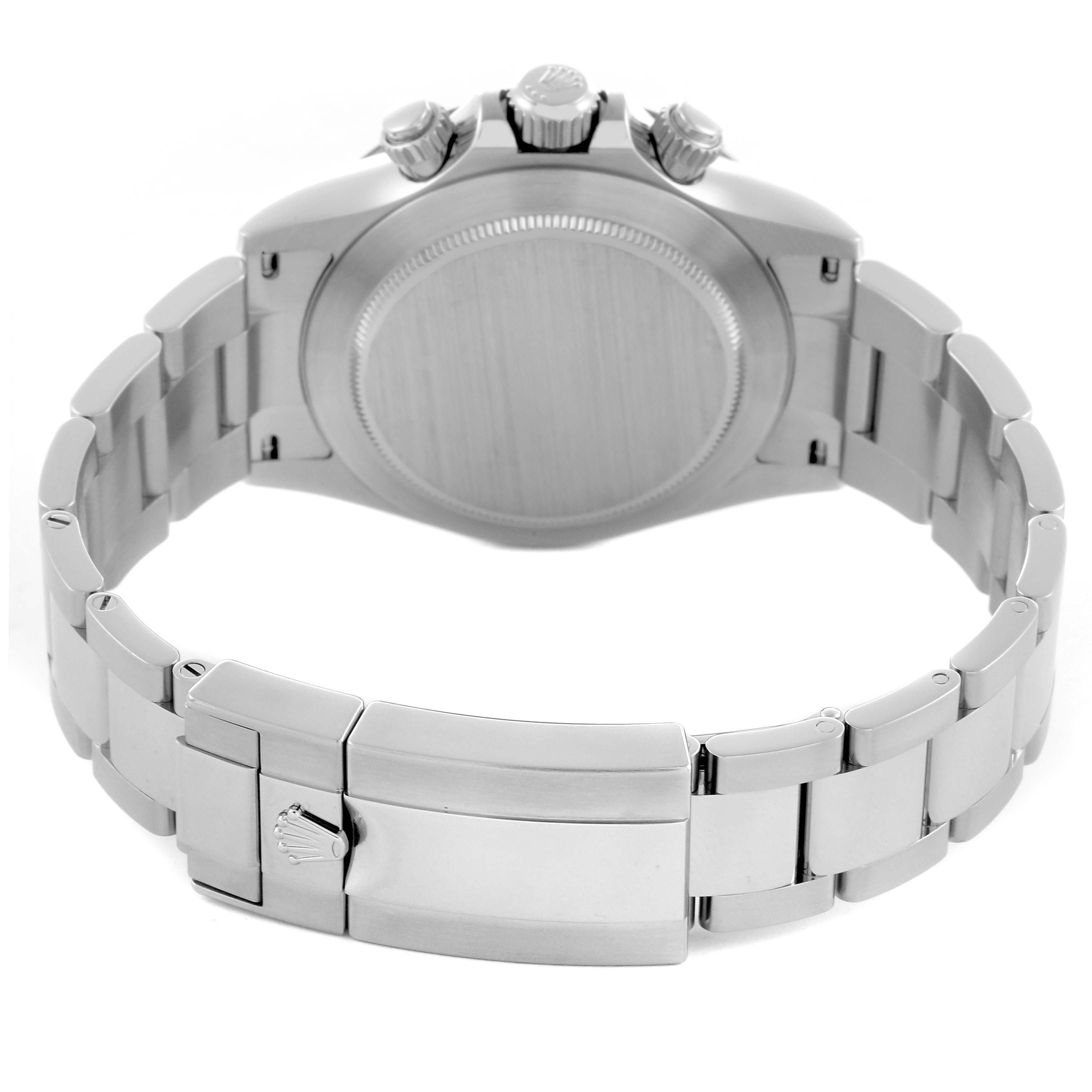 The image shows the back and clasp of a Rolex Daytona 116500LN Men's Stainless Steel White Dial 116500LN Men's Stainless Steel White Dial watch, highlighting its bracelet and caseback.