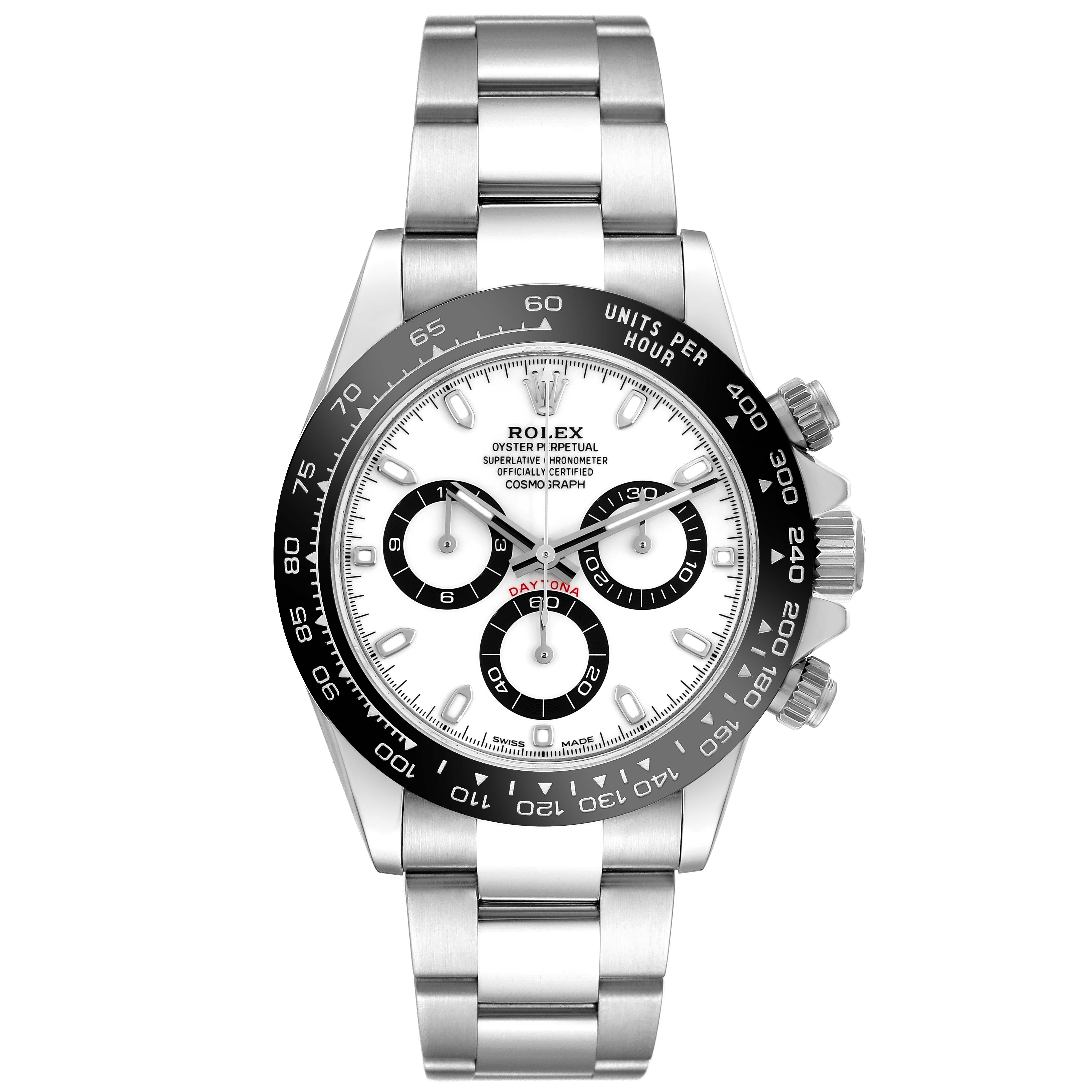 The Rolex Daytona 116500LN Men's Stainless Steel White Dial 116500LN Men's Stainless Steel White Dial watch is shown from a front angle, highlighting the dial, bezel, and bracelet.