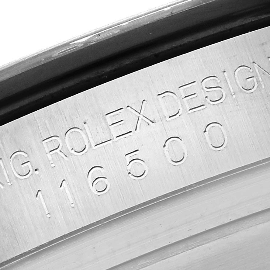 The image shows the engraved serial number and design details inside the case of a Rolex Daytona 116500LN Men's Stainless Steel White Dial 116500LN Men's Stainless Steel White Dial watch.