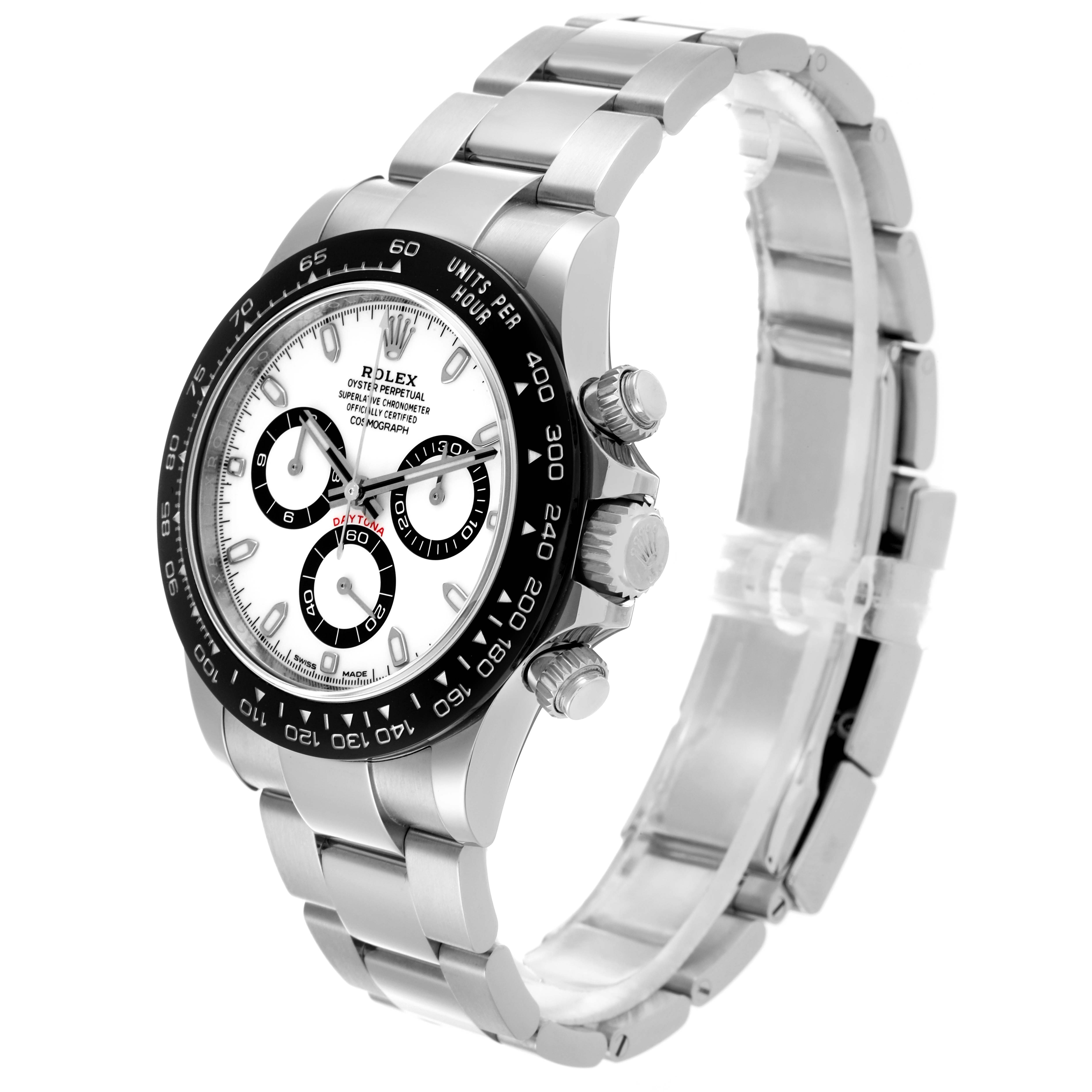 The Rolex Daytona 116500LN Men's Stainless Steel White Dial 116500LN Men's Stainless Steel White Dial watch is shown at a three-quarter angle, highlighting the face, bezel, bracelet, and side buttons.