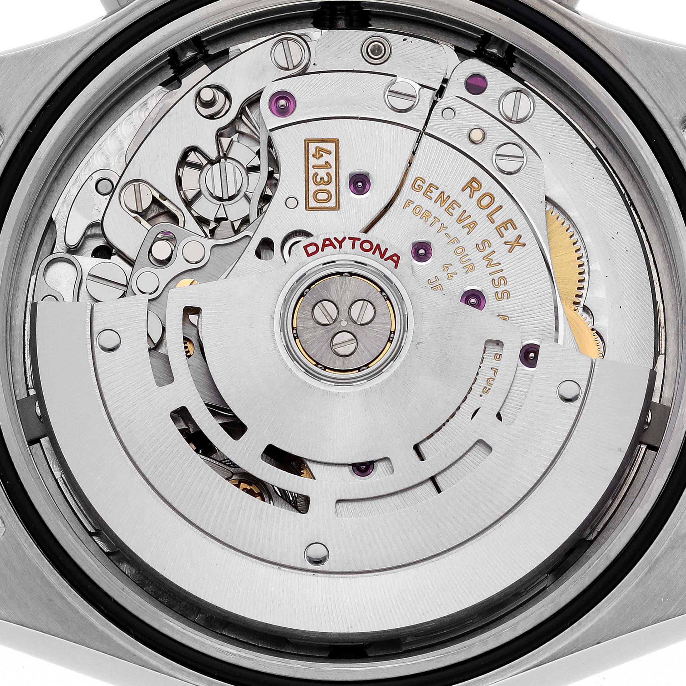 The image shows the movement of a Rolex Daytona 116500LN Men's Stainless Steel White Dial 116500LN Men's Stainless Steel White Dial watch from a top-down angle, highlighting its intricate components.