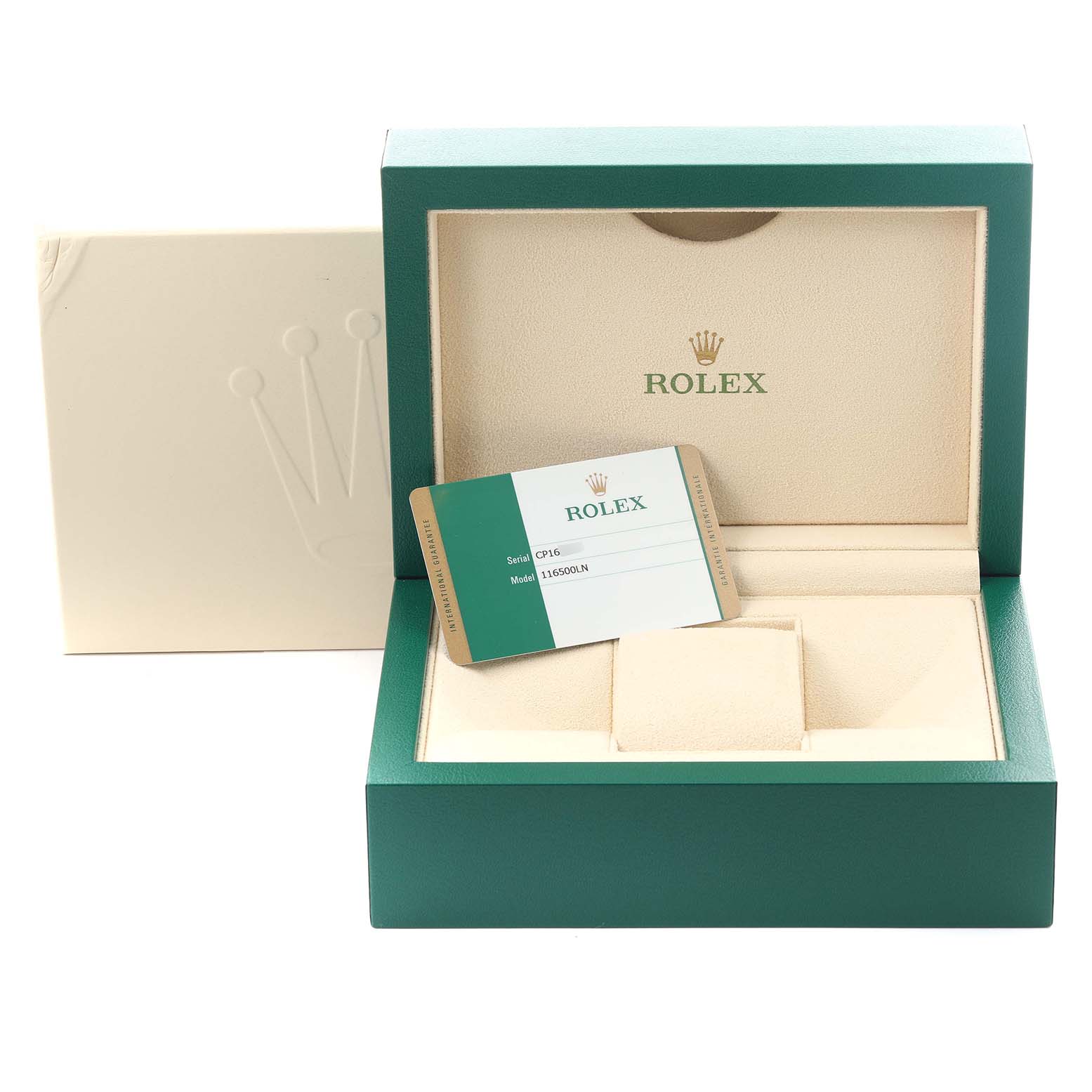 The image shows an open Rolex Daytona 116500LN Men's Stainless Steel White Dial 116500LN Men's Stainless Steel White Dial box and authentication card, with the watch not visible.