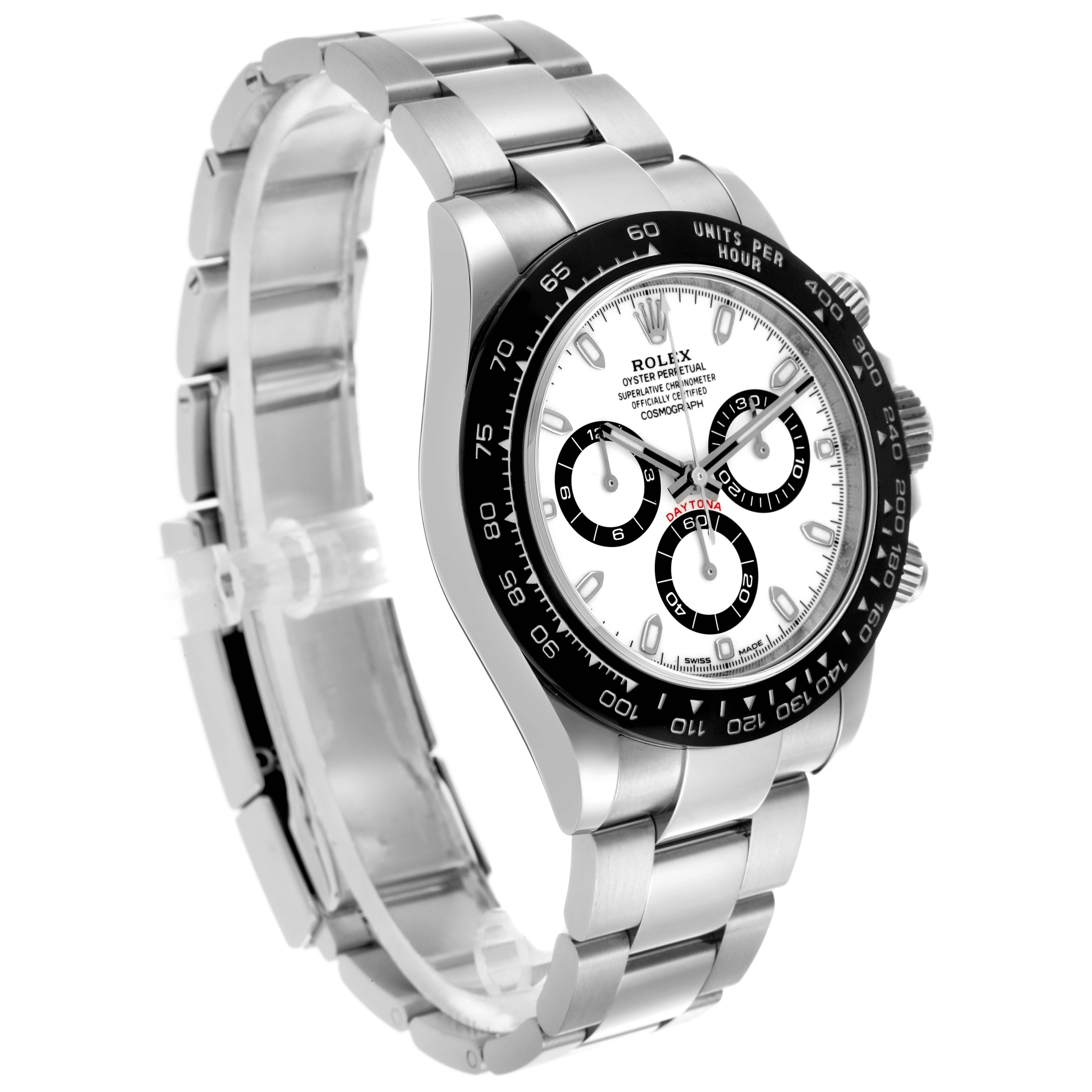 The Rolex Daytona 116500LN Men's Stainless Steel White Dial 116500LN Men's Stainless Steel White Dial watch is shown at an angled side view, highlighting the face, bezel, and bracelet.
