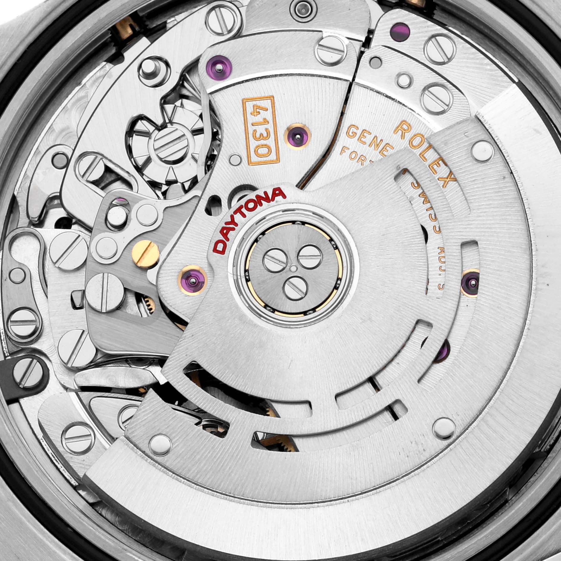 The image shows the intricate movement and mechanism of a Rolex Daytona 116523 Men's Steel and Gold (two tone) Silver Dial 116523 Men's Steel and Gold (two tone) Silver Dial watch, highlighting the rotor and gears.