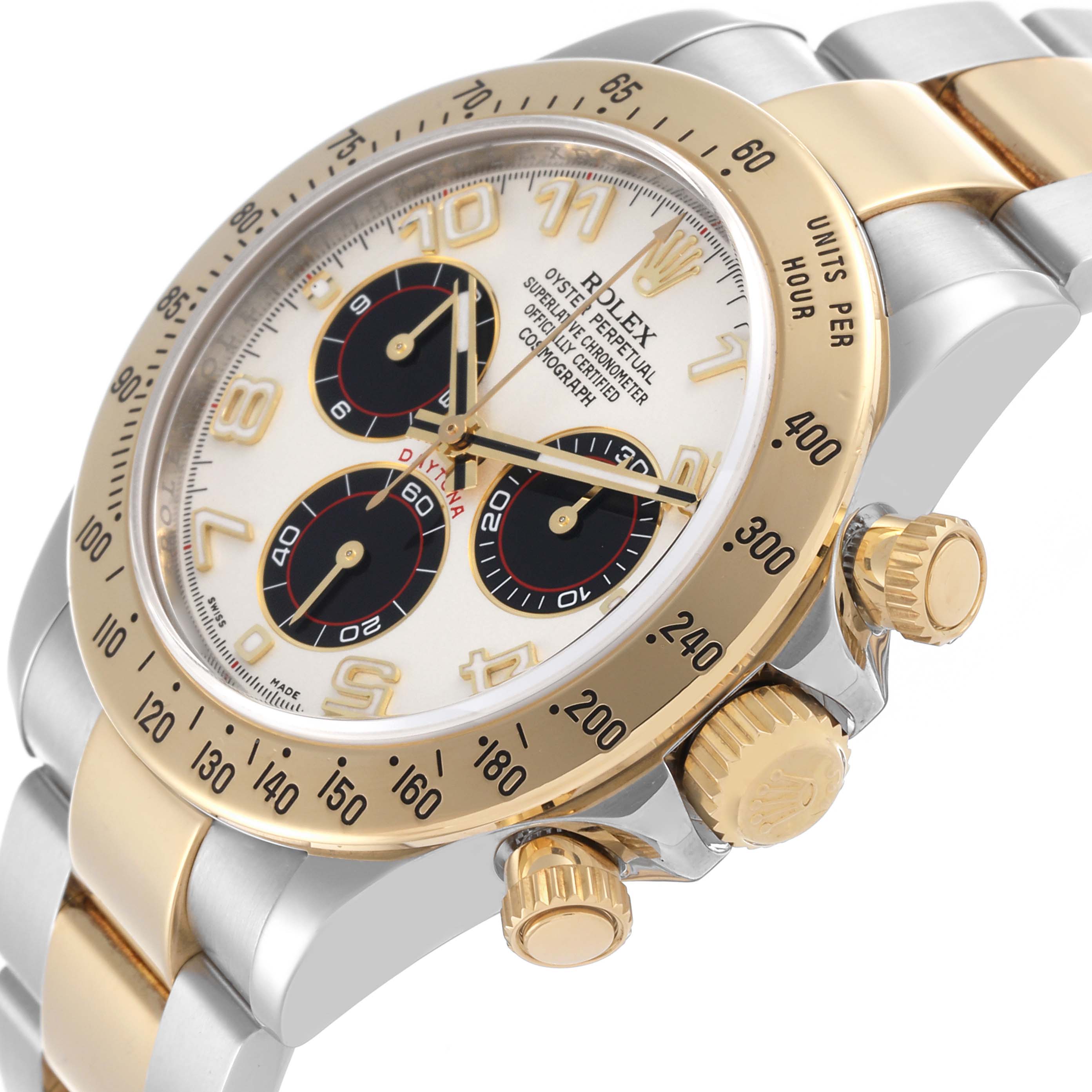 The Rolex Daytona 116523 Men's Steel and Gold (two tone) Silver Dial 116523 Men's Steel and Gold (two tone) Silver Dial watch is shown at a side angle, highlighting the dial, bezel, and crown.