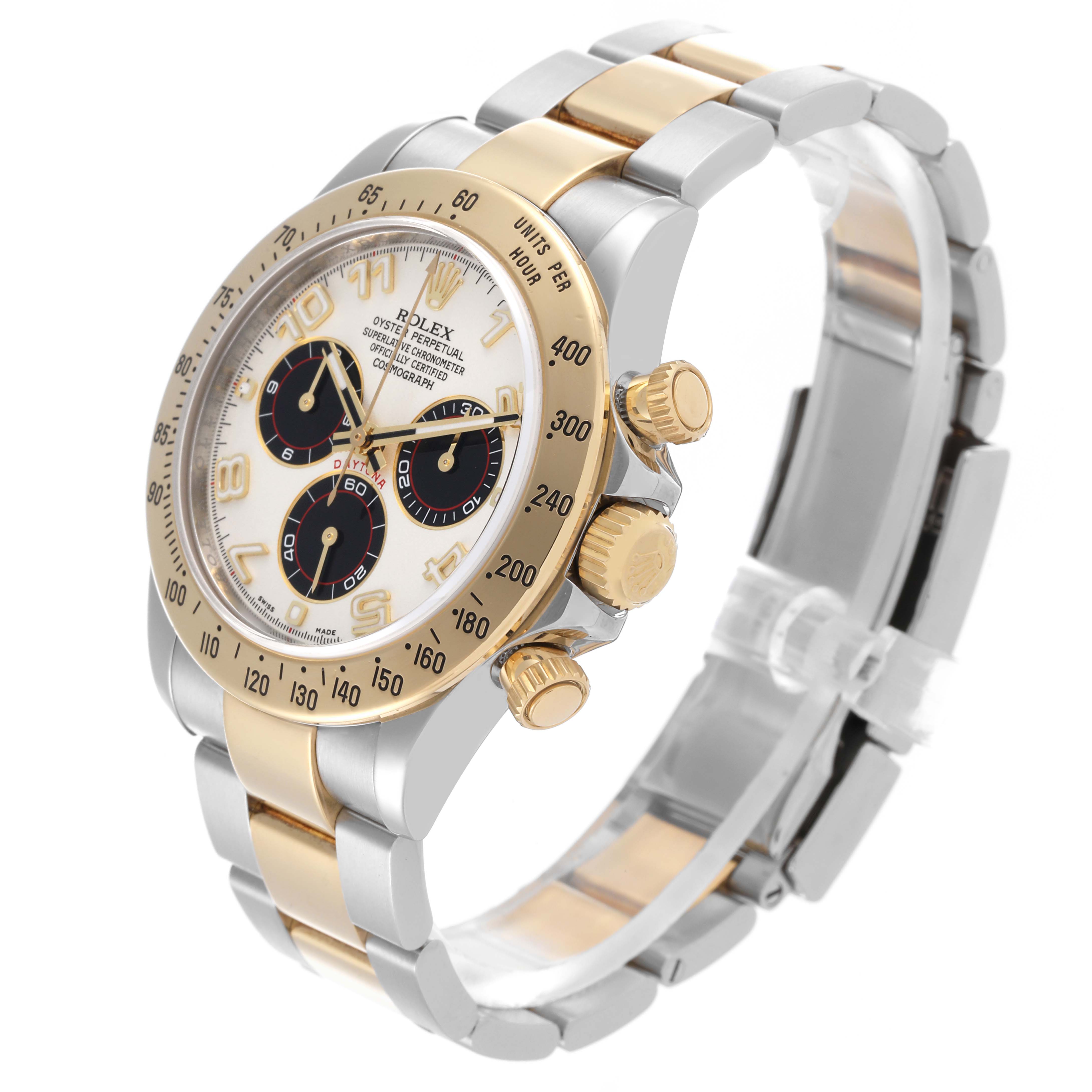 The Rolex Daytona 116523 Men's Steel and Gold (two tone) Silver Dial 116523 Men's Steel and Gold (two tone) Silver Dial watch is shown at an angled side view, highlighting the bezel, dial, pushers, and bracelet.