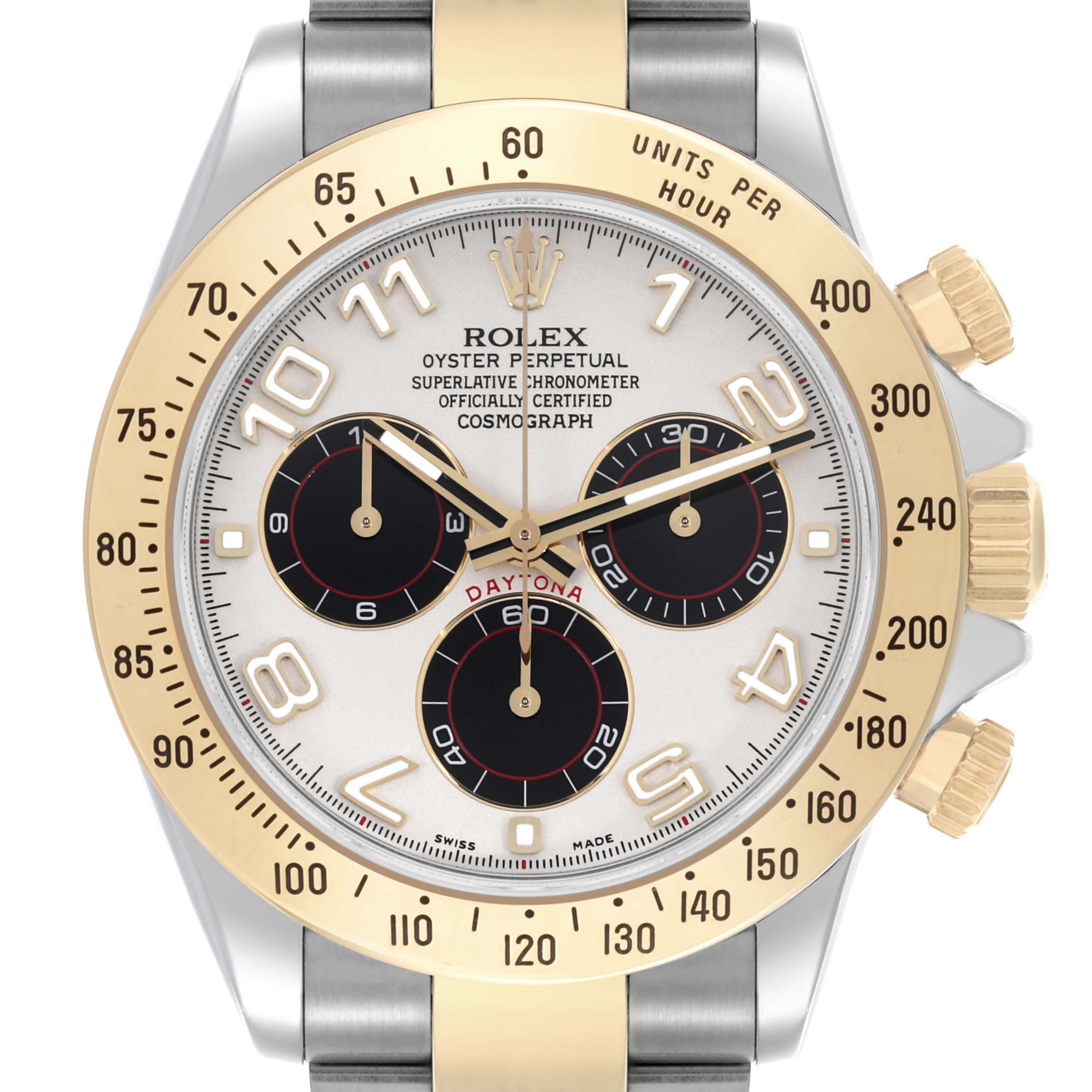 The image shows a frontal view of the Rolex Daytona 116523 Men's Steel and Gold (two tone) Silver Dial 116523 Men's Steel and Gold (two tone) Silver Dial, highlighting the dial, bezel, and pushers.