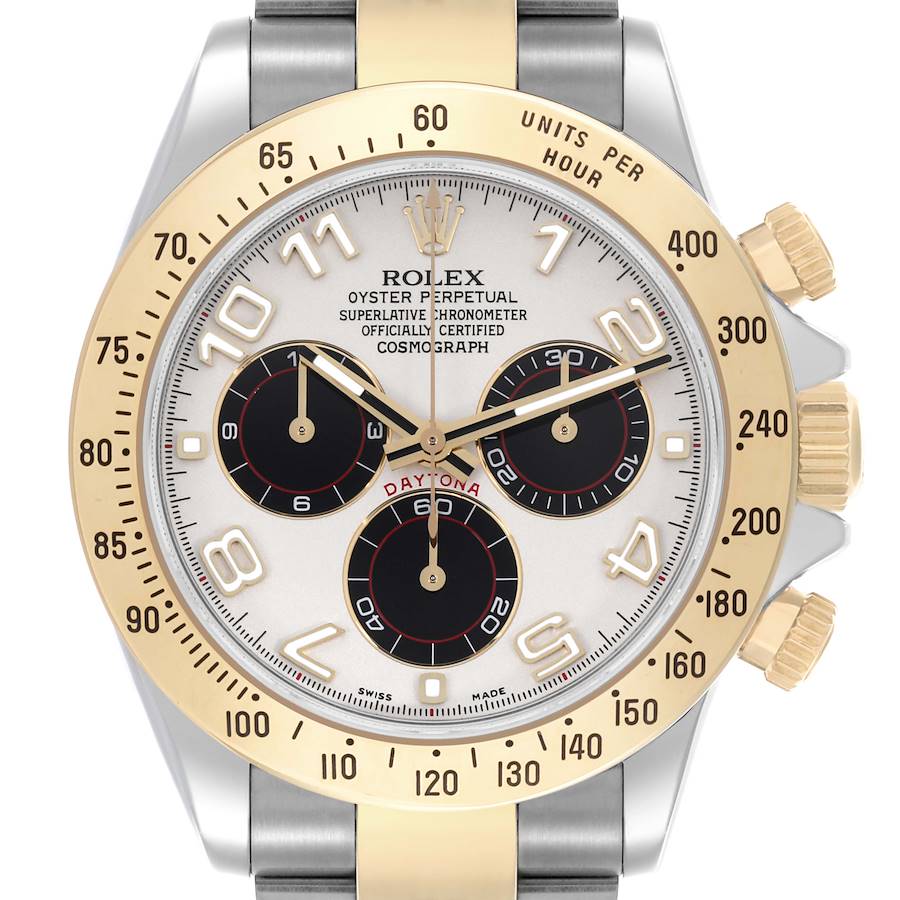 The image shows a frontal view of the Rolex Daytona, highlighting the dial, bezel, and pushers.