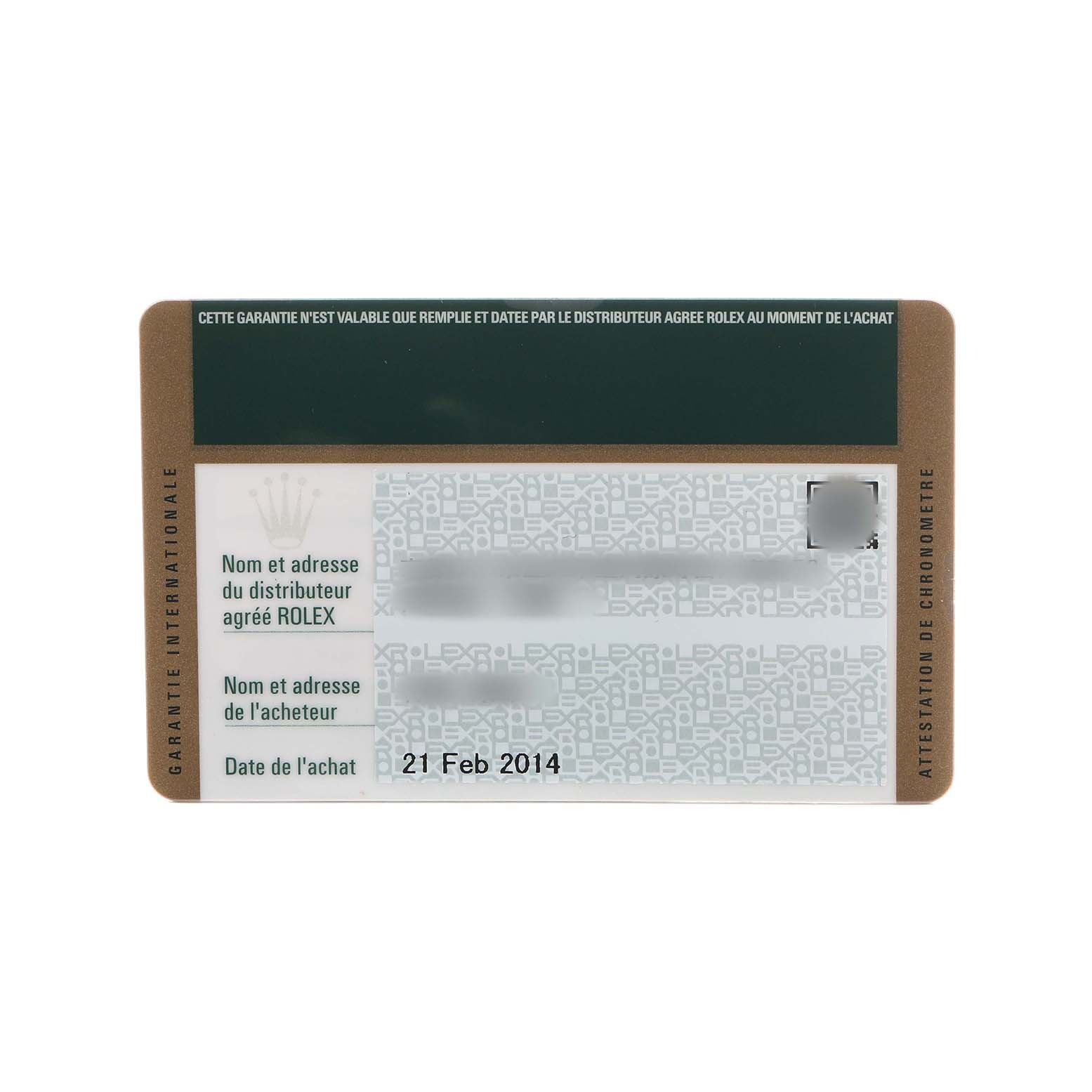 This image shows the warranty card for a Rolex Daytona 116523 Men's Steel and Gold (two tone) Silver Dial watch.