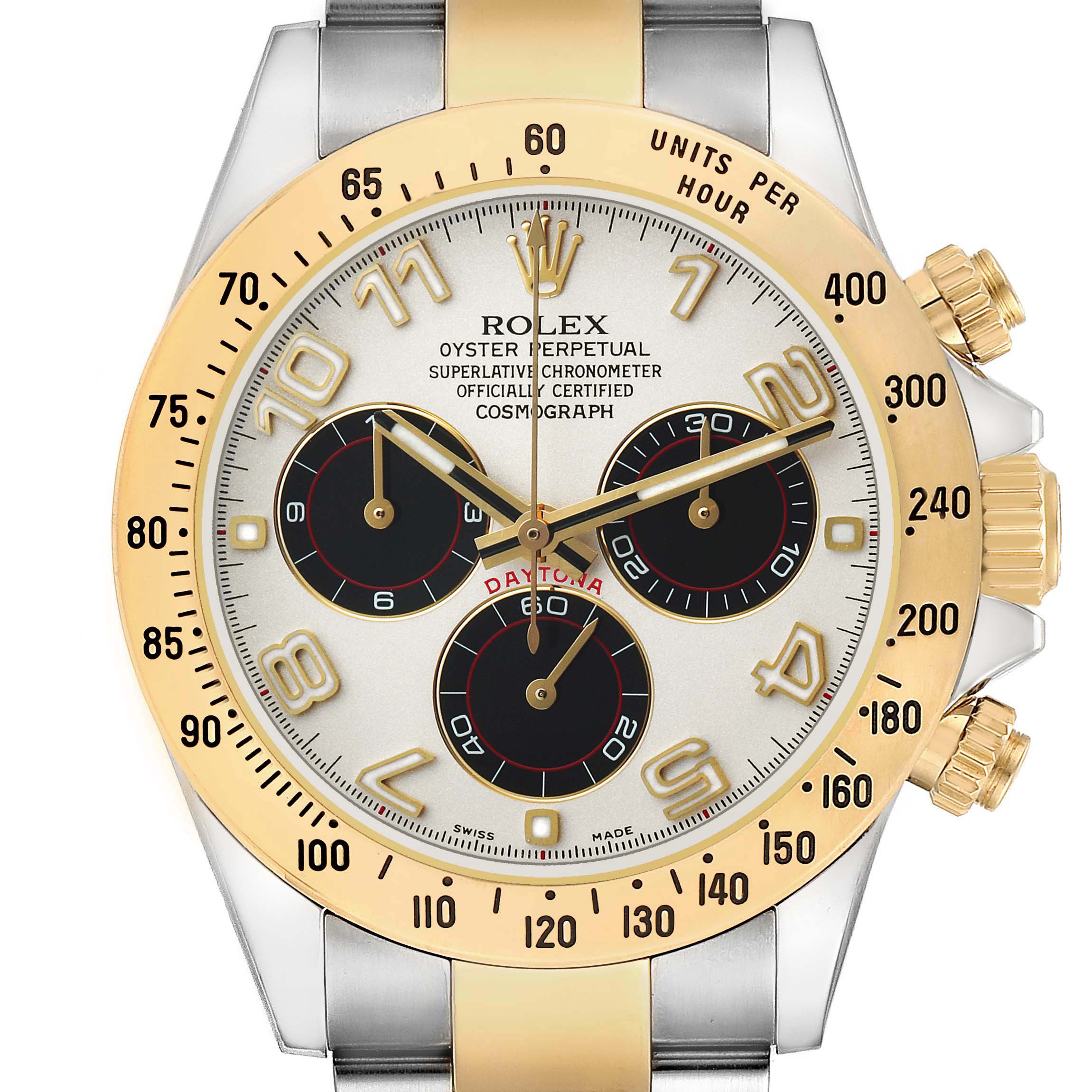 The image shows a frontal view of a Rolex Daytona 116523 Men's Steel and Gold (two tone) Silver Dial watch, highlighting the bezel, dial, and chronograph sub-dials.