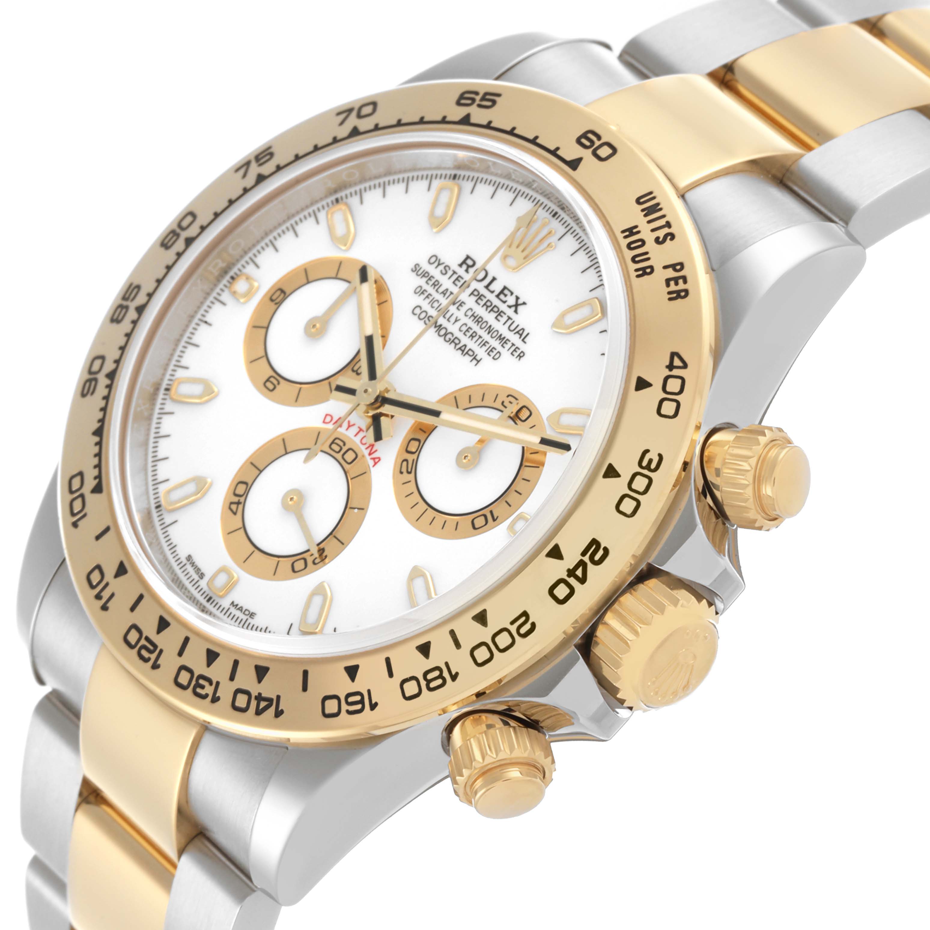 The Rolex Daytona 116503 Men's Steel and Gold (two tone) White Dial 116503 Men's Steel and Gold (two tone) White Dial is shown at an angled close-up, highlighting the dial, bezel, crown, and strap.
