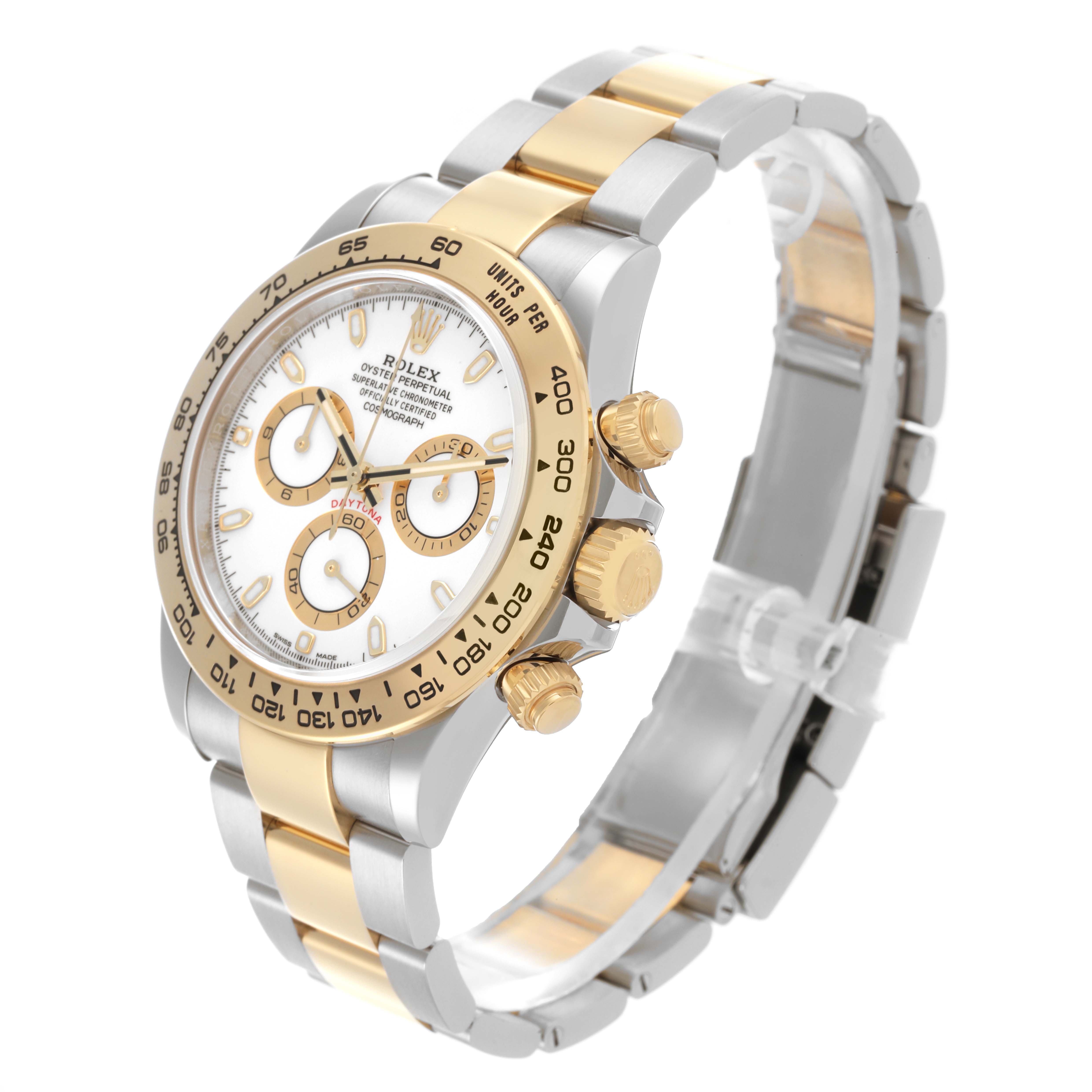 The Rolex Daytona 116503 Men's Steel and Gold (two tone) White Dial 116503 Men's Steel and Gold (two tone) White Dial watch is shown at a three-quarter angle, highlighting the dial, bezel, crown, and part of the bracelet.