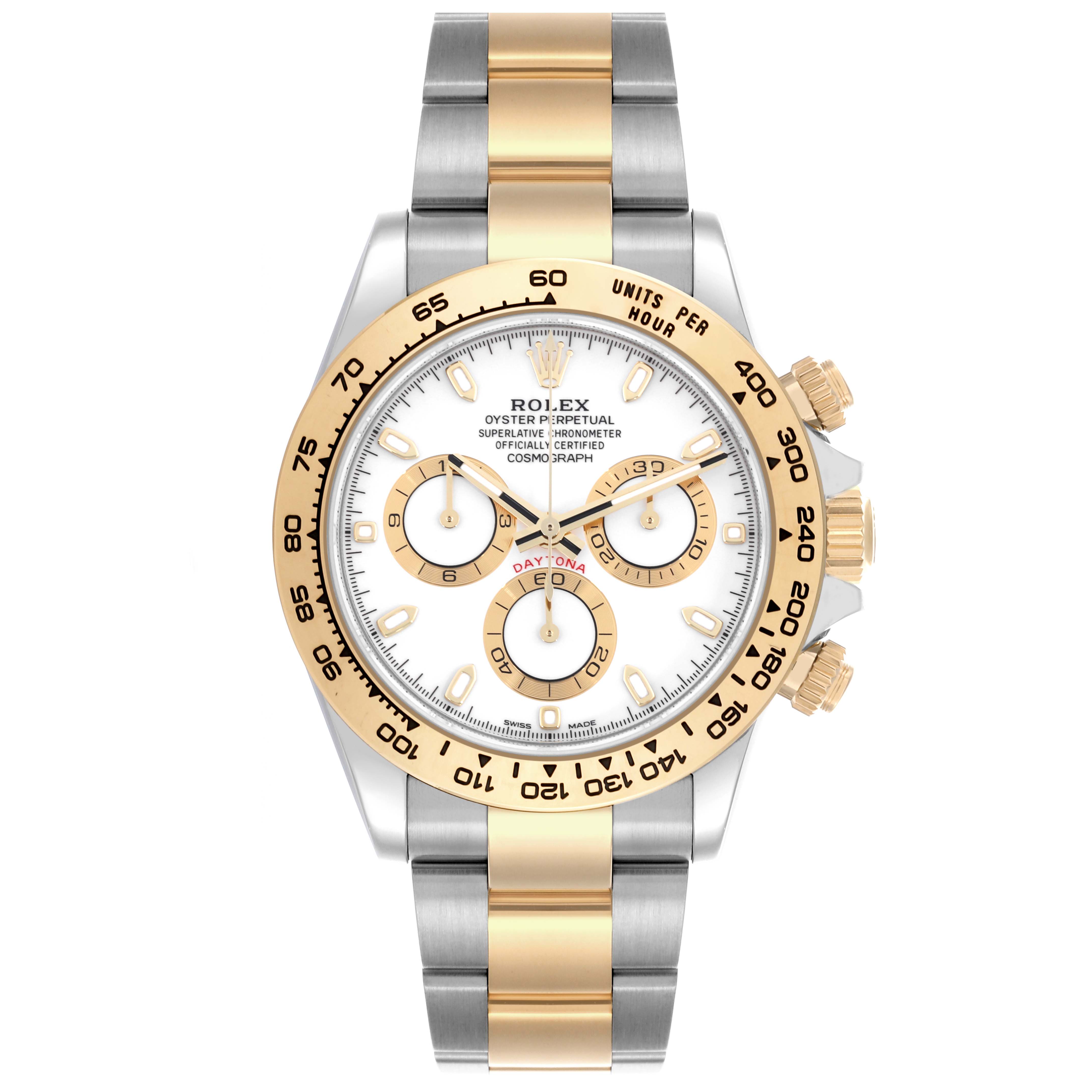 The Rolex Daytona 116503 Men's Steel and Gold (two tone) White Dial 116503 Men's Steel and Gold (two tone) White Dial watch is shown from the front, highlighting the dial, bezel, and two-tone bracelet.