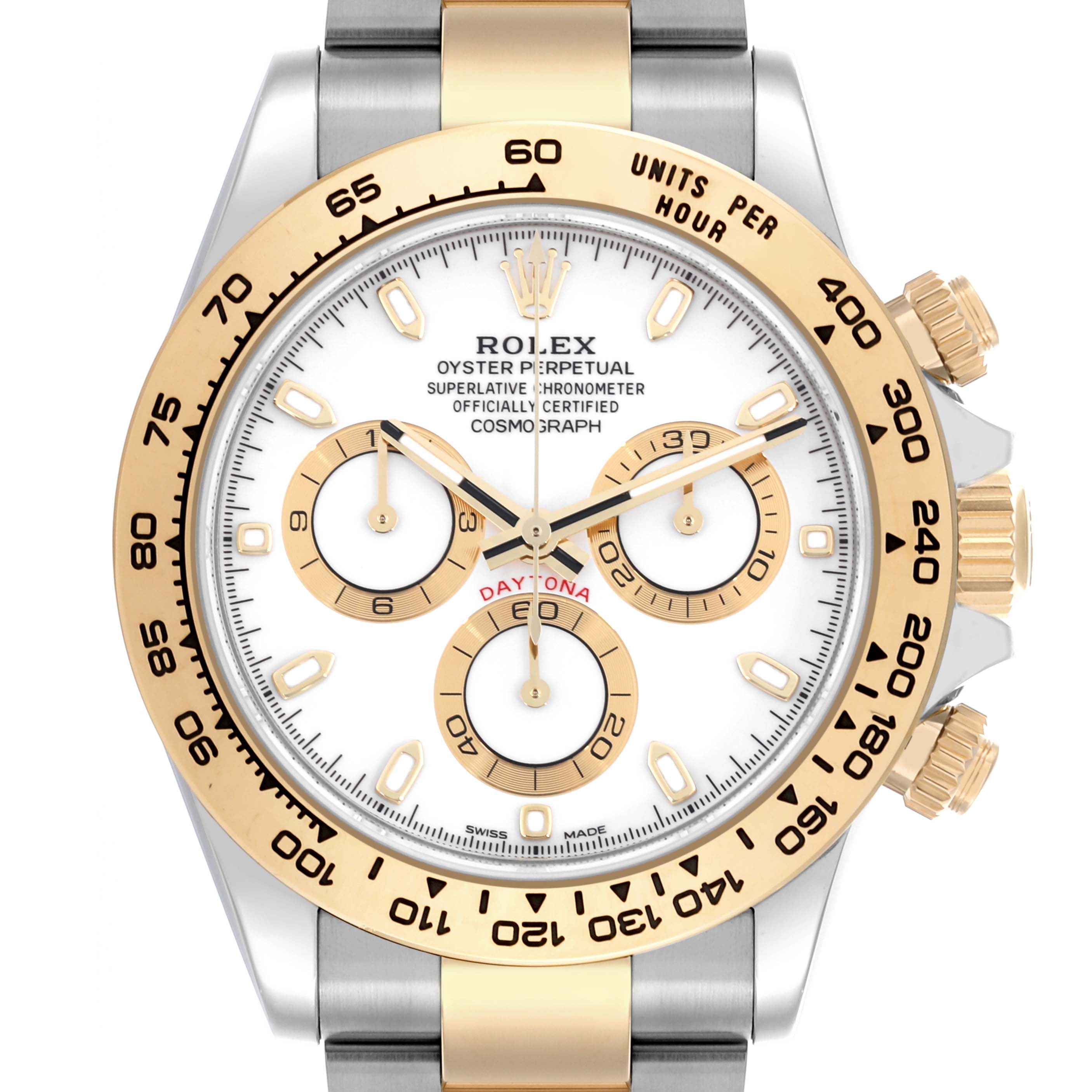 The Rolex Daytona 116503 Men's Steel and Gold (two tone) White Dial 116503 Men's Steel and Gold (two tone) White Dial watch is shown from a front view, highlighting its dial, bezel, and crown.