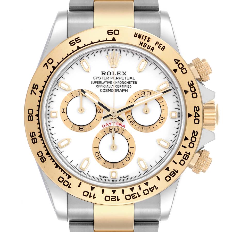 The Rolex Daytona watch is shown from a front view, highlighting its dial, bezel, and crown.