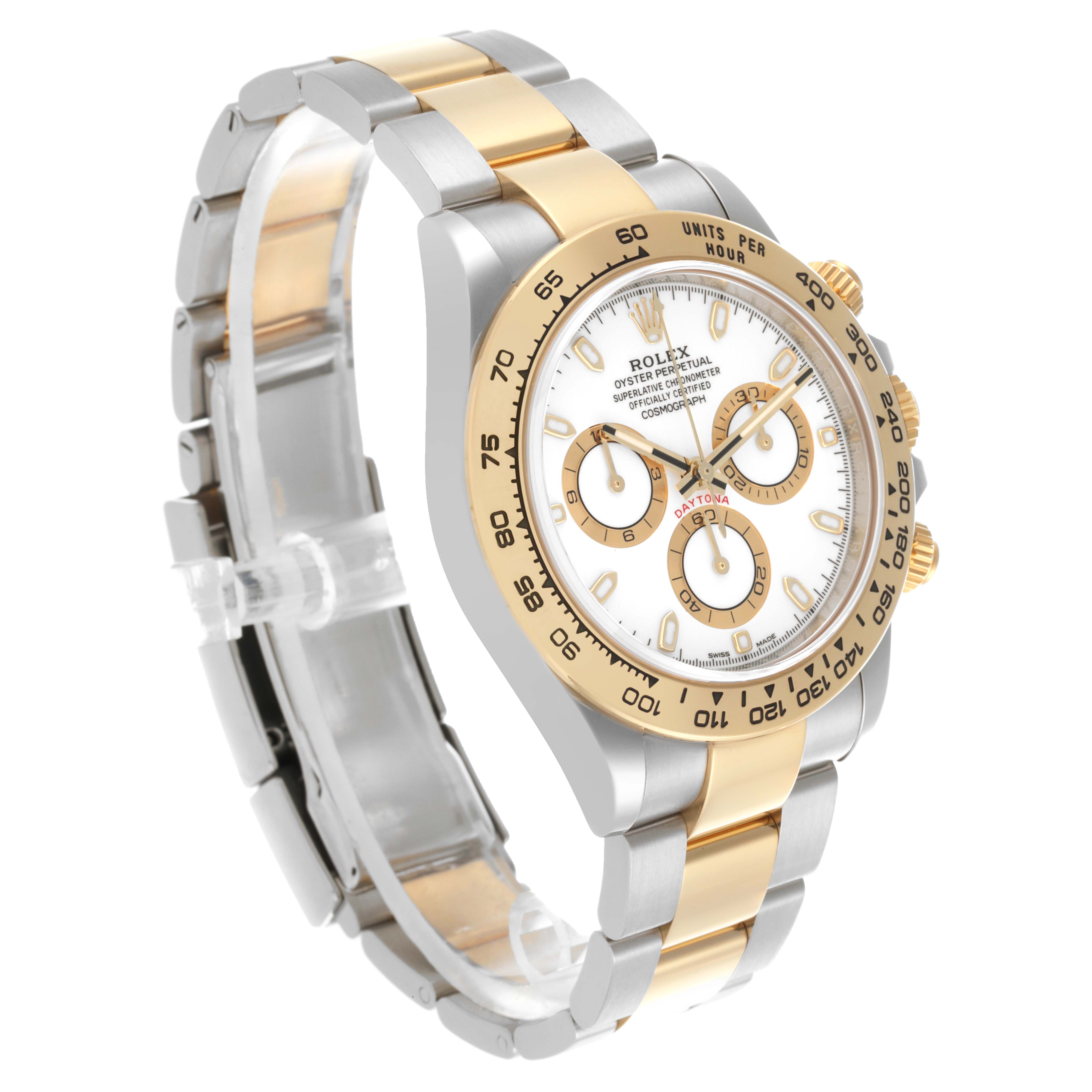 The Rolex Daytona 116503 Men's Steel and Gold (two tone) White Dial 116503 Men's Steel and Gold (two tone) White Dial watch is shown at a three-quarter angle, displaying the dial, bezel, and bracelet.