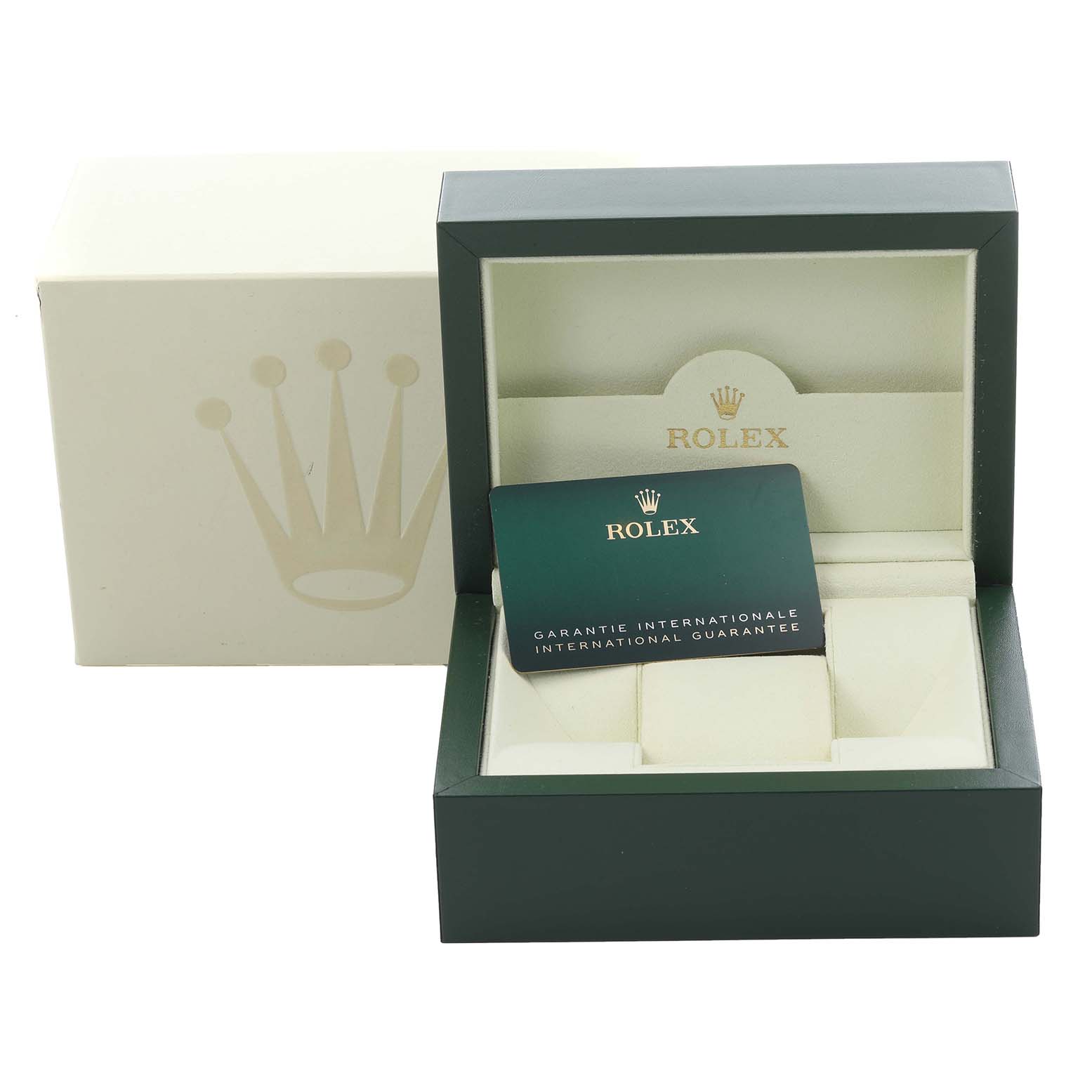 The image shows an open Rolex Daytona 116503 Men's Steel and Gold (two tone) White Dial 116503 Men's Steel and Gold (two tone) White Dial watch box with the international guarantee card displayed in front.