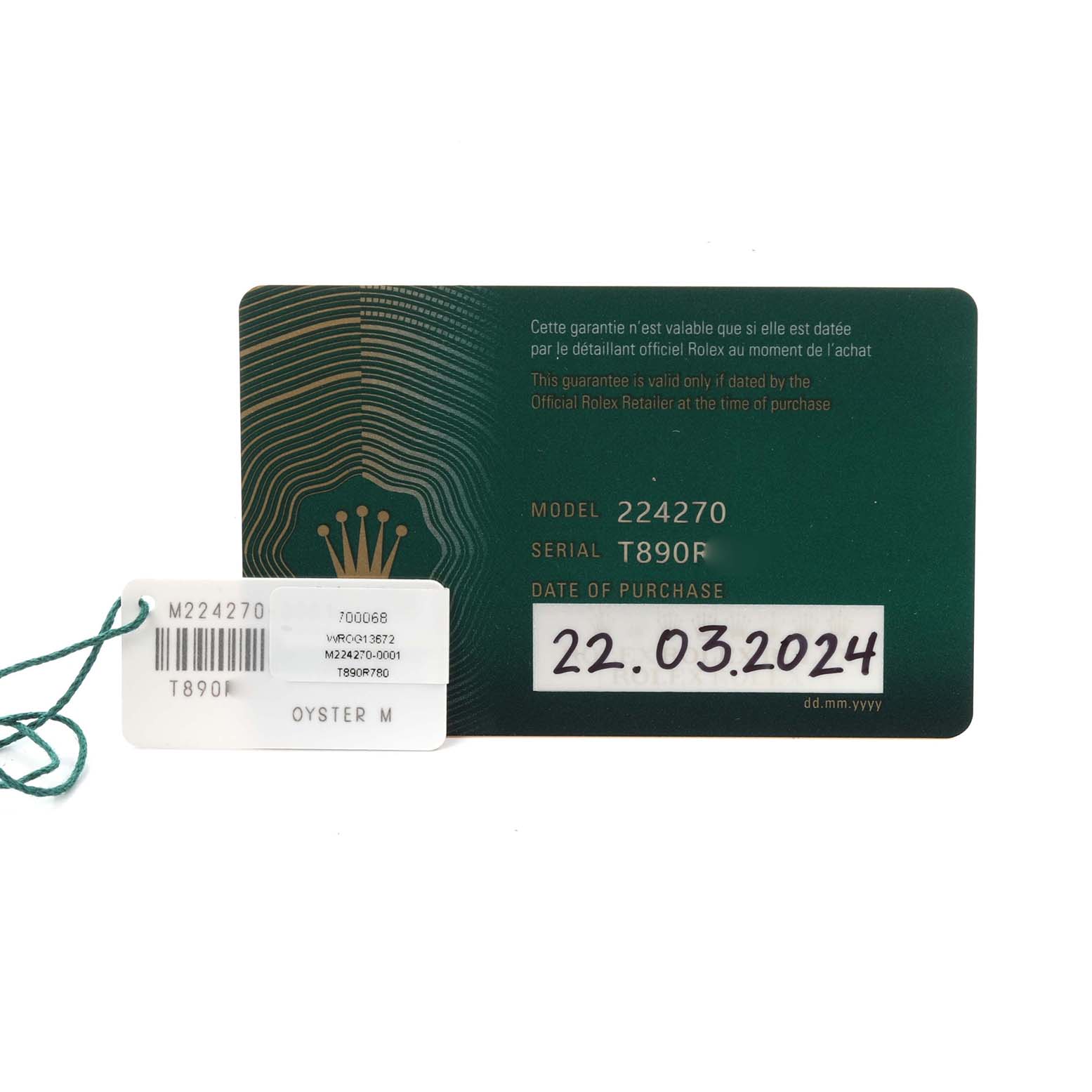 The image shows a warranty card and tag for the Rolex Explorer 224270 Men's Stainless Steel Black Dial 224270 Men's Stainless Steel Black Dial model 224270, with purchase date listed.