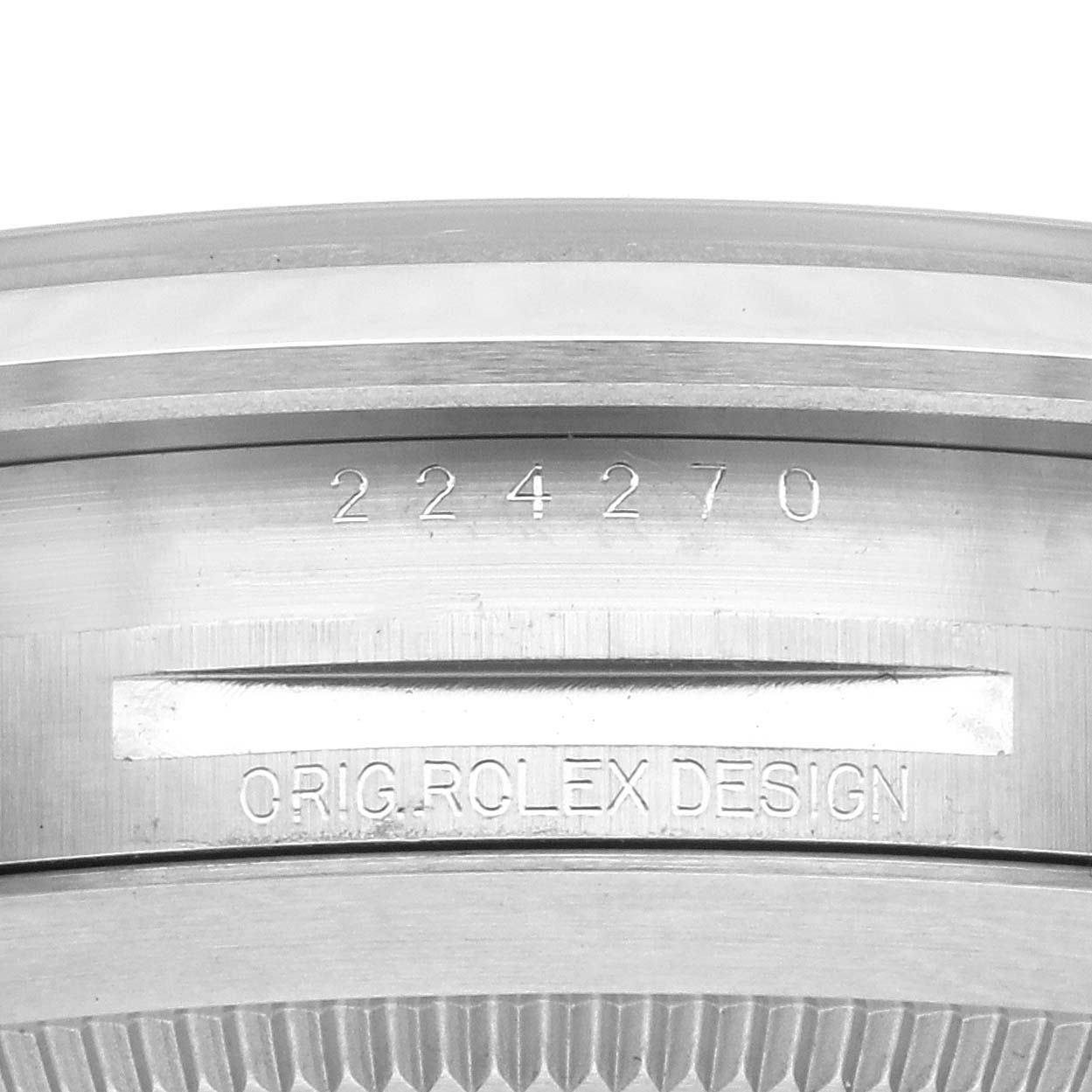 The image shows a close-up of the case side and engravings on the Rolex Explorer 224270 Men's Stainless Steel Black Dial 224270 Men's Stainless Steel Black Dial, highlighting the model number and branding.