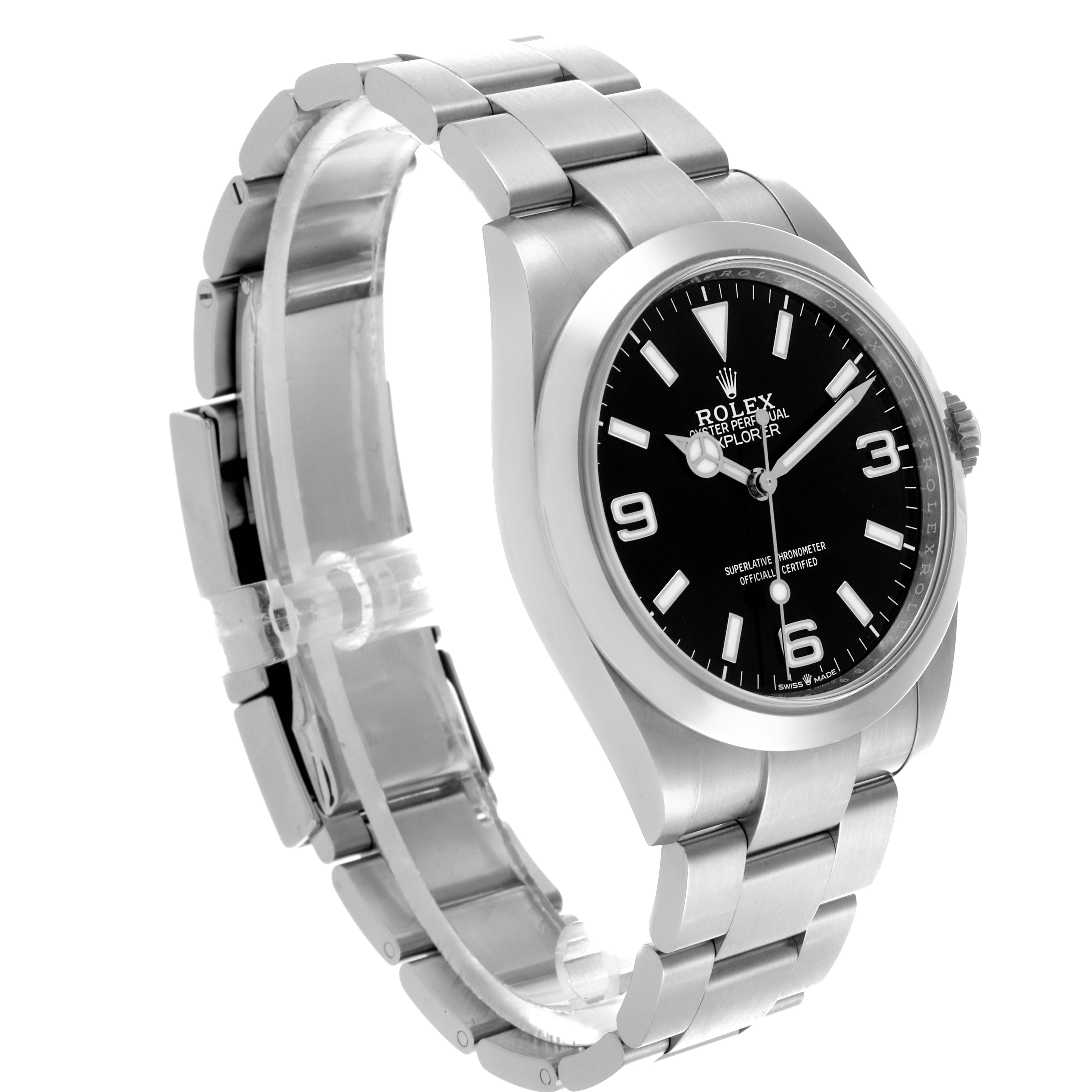 The Rolex Explorer 224270 Men's Stainless Steel Black Dial 224270 Men's Stainless Steel Black Dial watch is shown at a three-quarter angle, displaying the bezel, dial, crown, and bracelet.