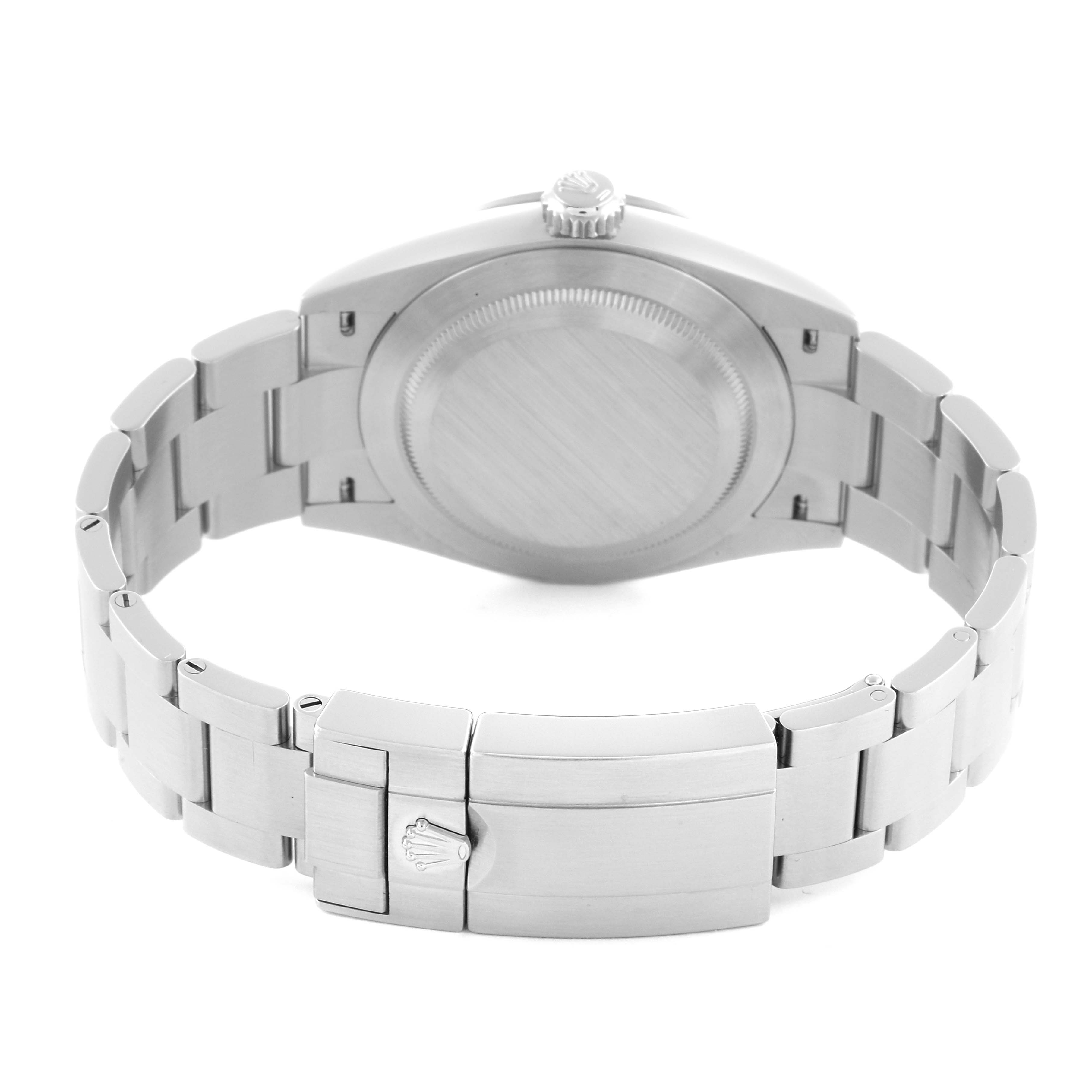 The Rolex Explorer 224270 Men's Stainless Steel Black Dial 224270 Men's Stainless Steel Black Dial is shown from the back, highlighting the case back and bracelet clasp.