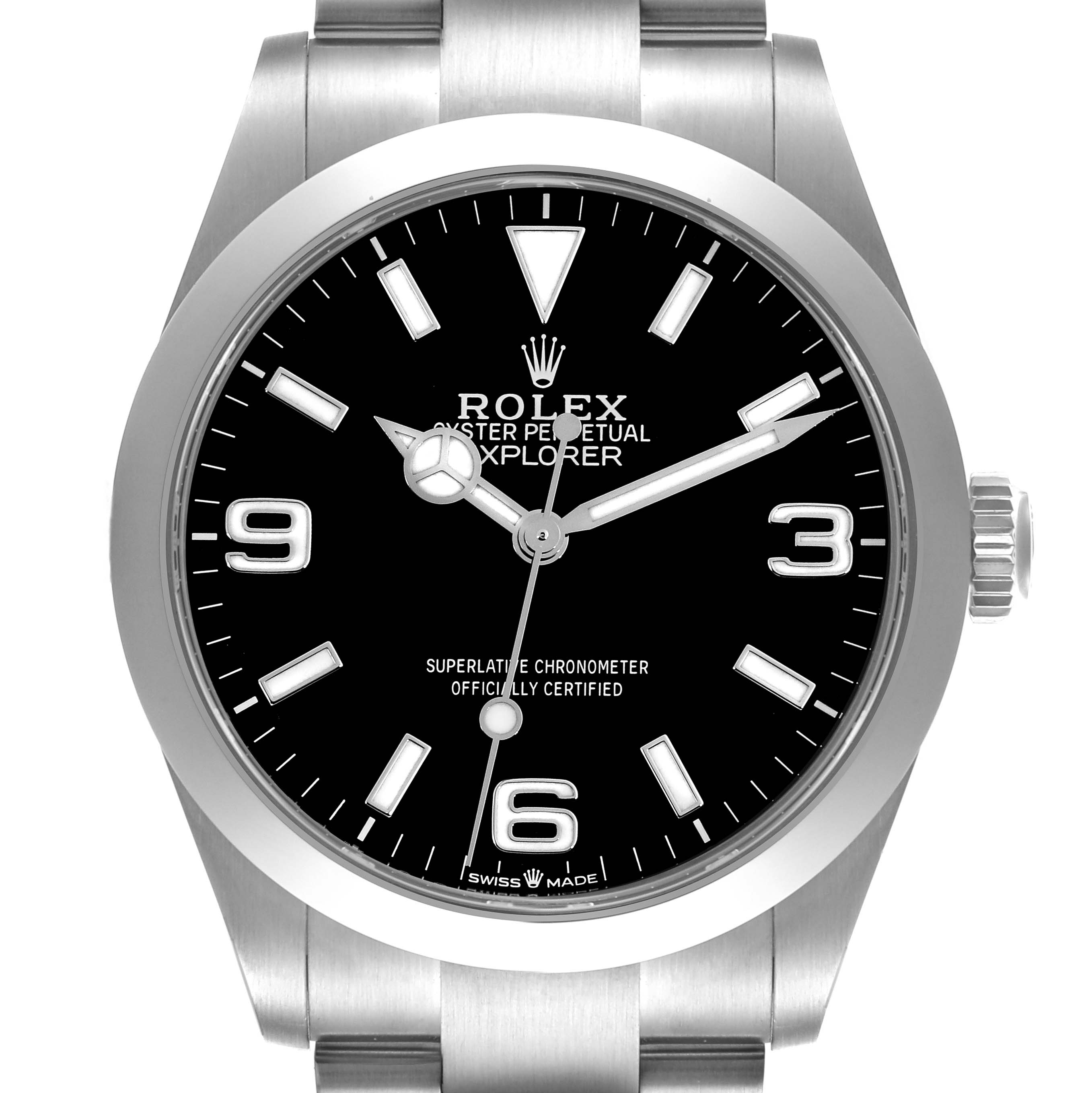The Rolex Explorer 224270 Men's Stainless Steel Black Dial 224270 Men's Stainless Steel Black Dial watch is shown from a front angle, displaying the dial, bezel, crown, and part of the bracelet.