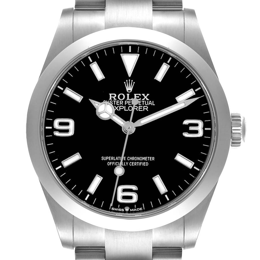 The Rolex Explorer watch is shown from a front angle, displaying the dial, bezel, crown, and part of the bracelet.