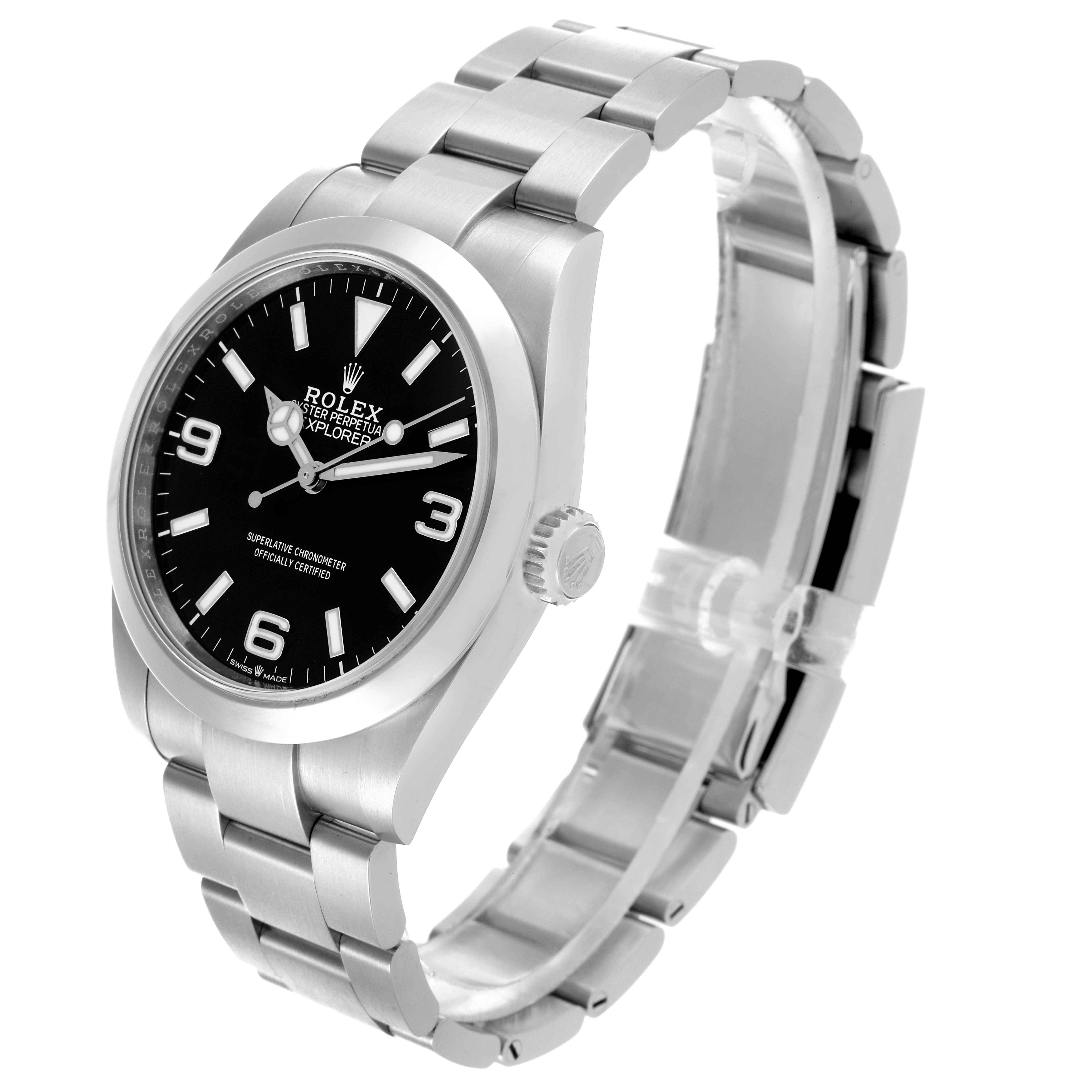 The Rolex Explorer 224270 Men's Stainless Steel Black Dial 224270 Men's Stainless Steel Black Dial watch is shown at a slight side angle displaying the face, bracelet, and crown.
