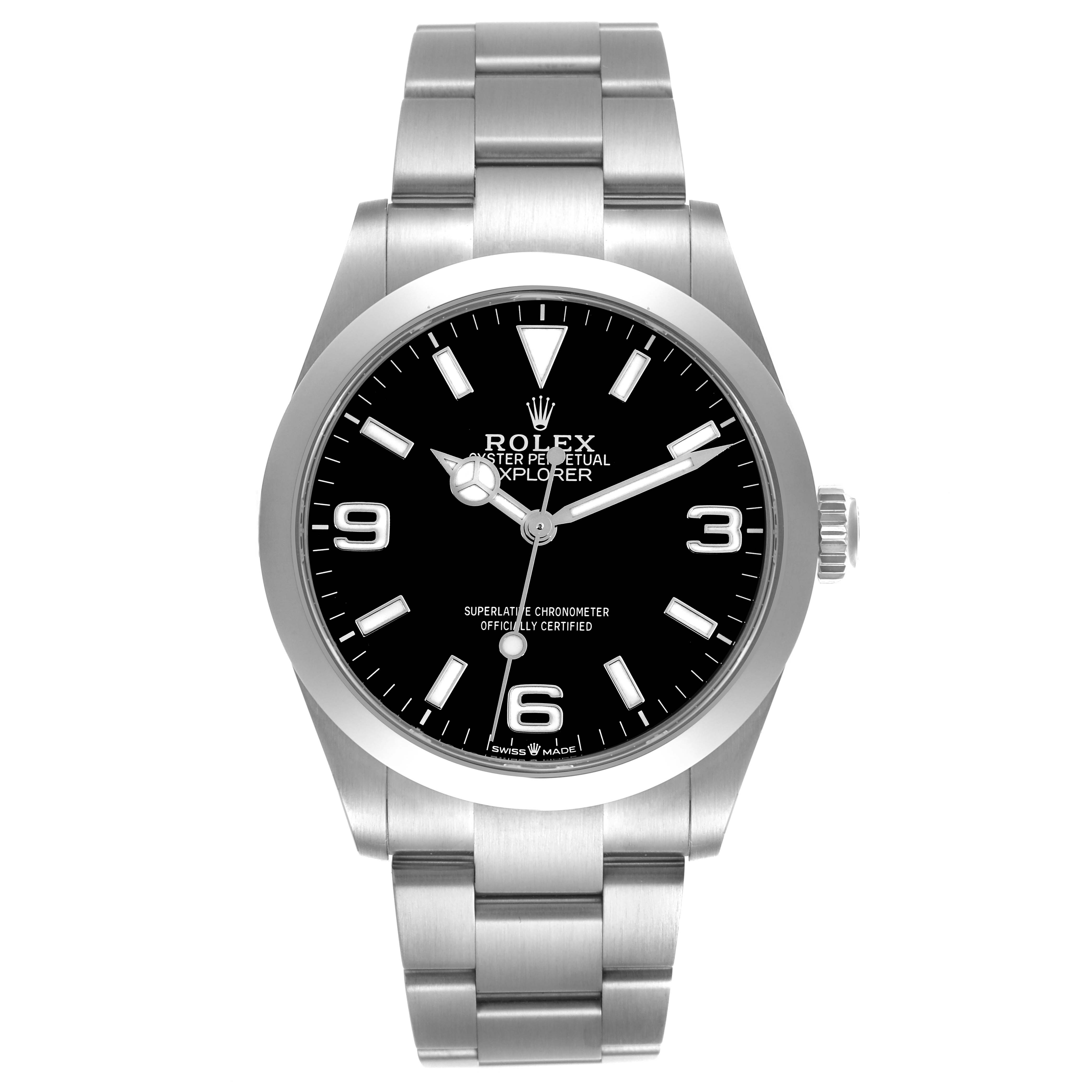 The Rolex Explorer 224270 Men's Stainless Steel Black Dial 224270 Men's Stainless Steel Black Dial watch is shown from the front, displaying the dial, case, and part of the bracelet.