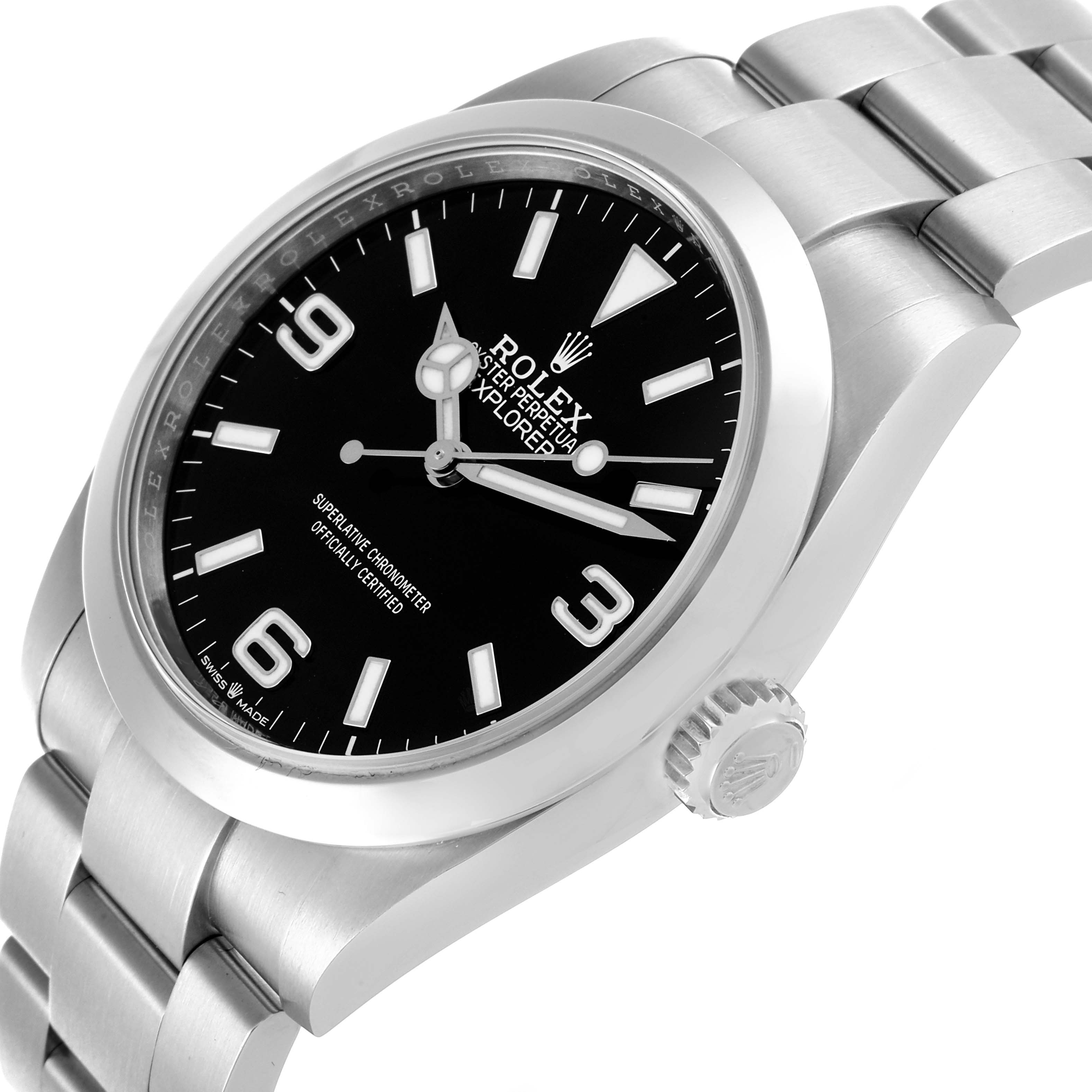 The Rolex Explorer 224270 Men's Stainless Steel Black Dial 224270 Men's Stainless Steel Black Dial watch is shown at an angled view, highlighting the dial, bezel, crown, and part of the bracelet.