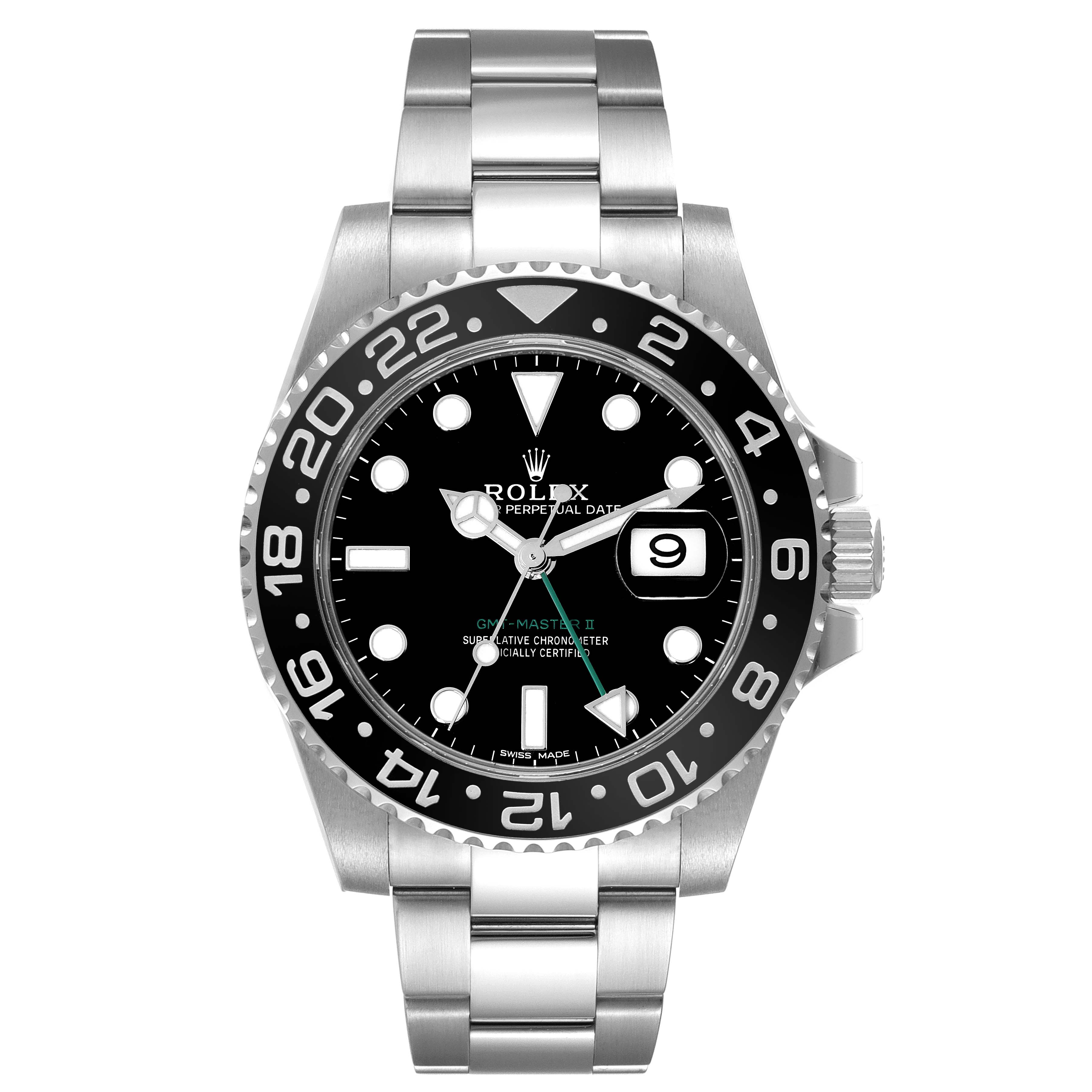 This image shows a front view of a Rolex GMT-Master 116710 Men's Stainless Steel Black Dial 116710 Men's Stainless Steel Black Dial II watch, displaying its dial, bezel, and stainless steel bracelet.