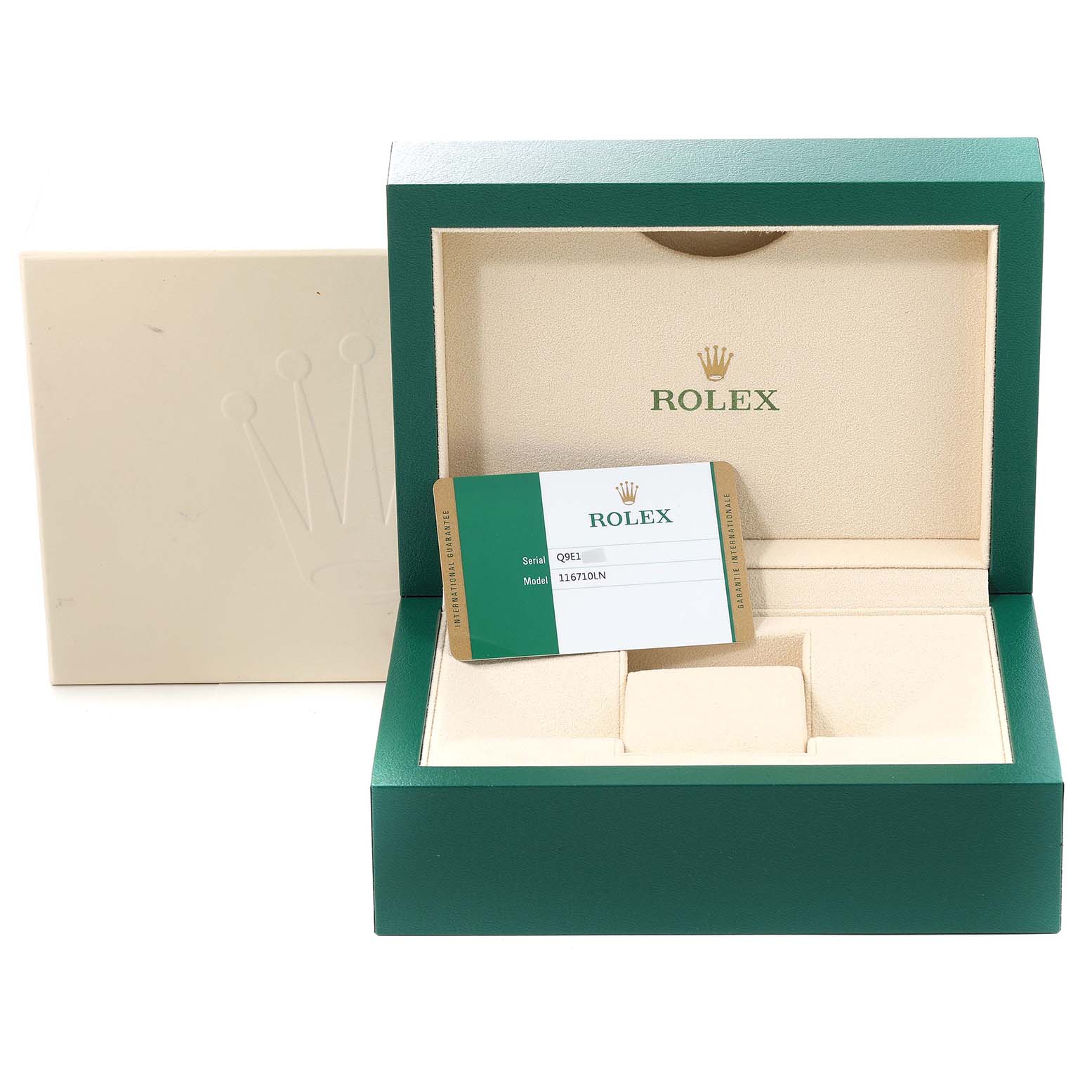 The image shows the packaging, inner box, and certificate card for a Rolex GMT-Master 116710 Men's Stainless Steel Black Dial 116710 Men's Stainless Steel Black Dial watch.