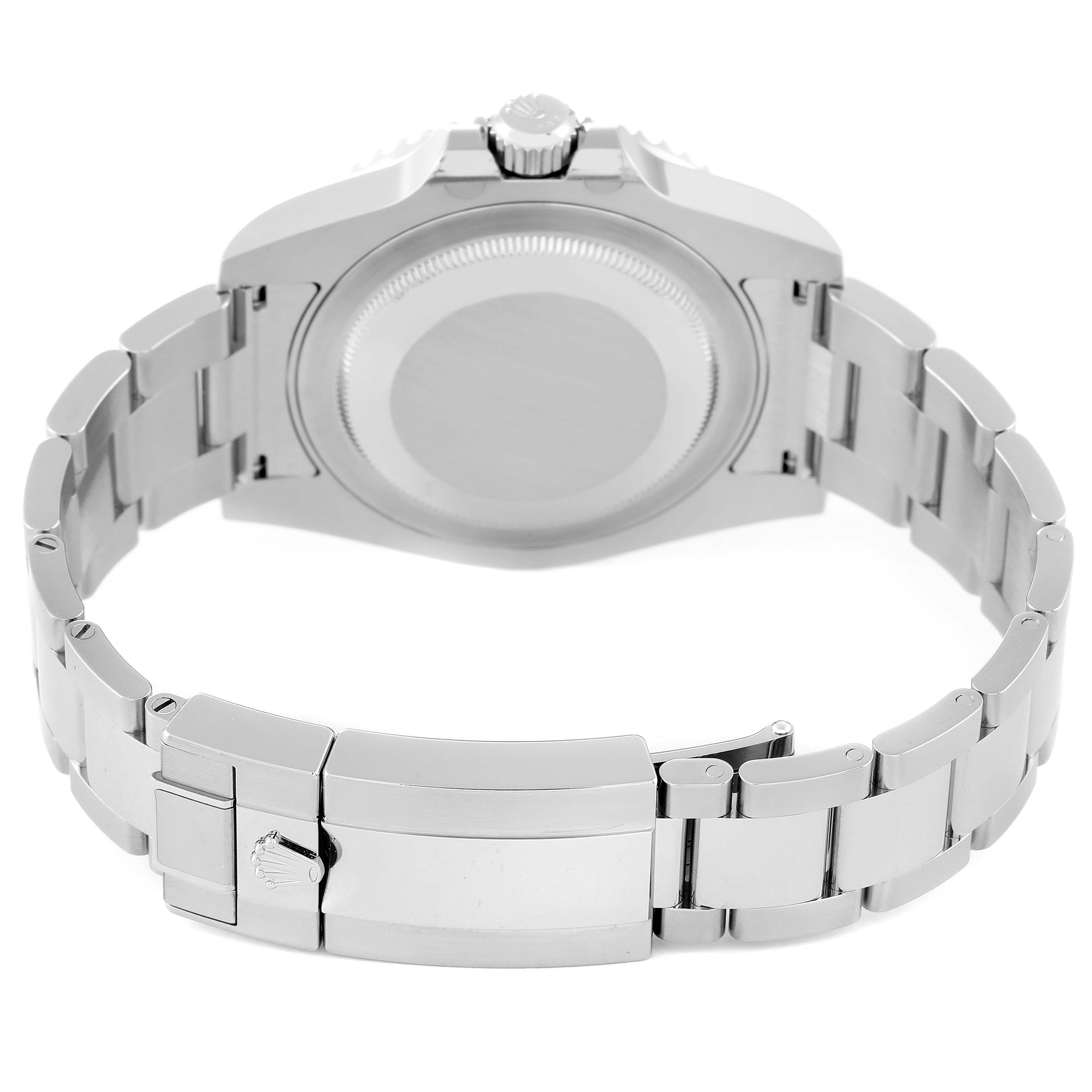 This image shows the back case and bracelet of a Rolex GMT-Master 116710 Men's Stainless Steel Black Dial 116710 Men's Stainless Steel Black Dial watch from a rear angle.