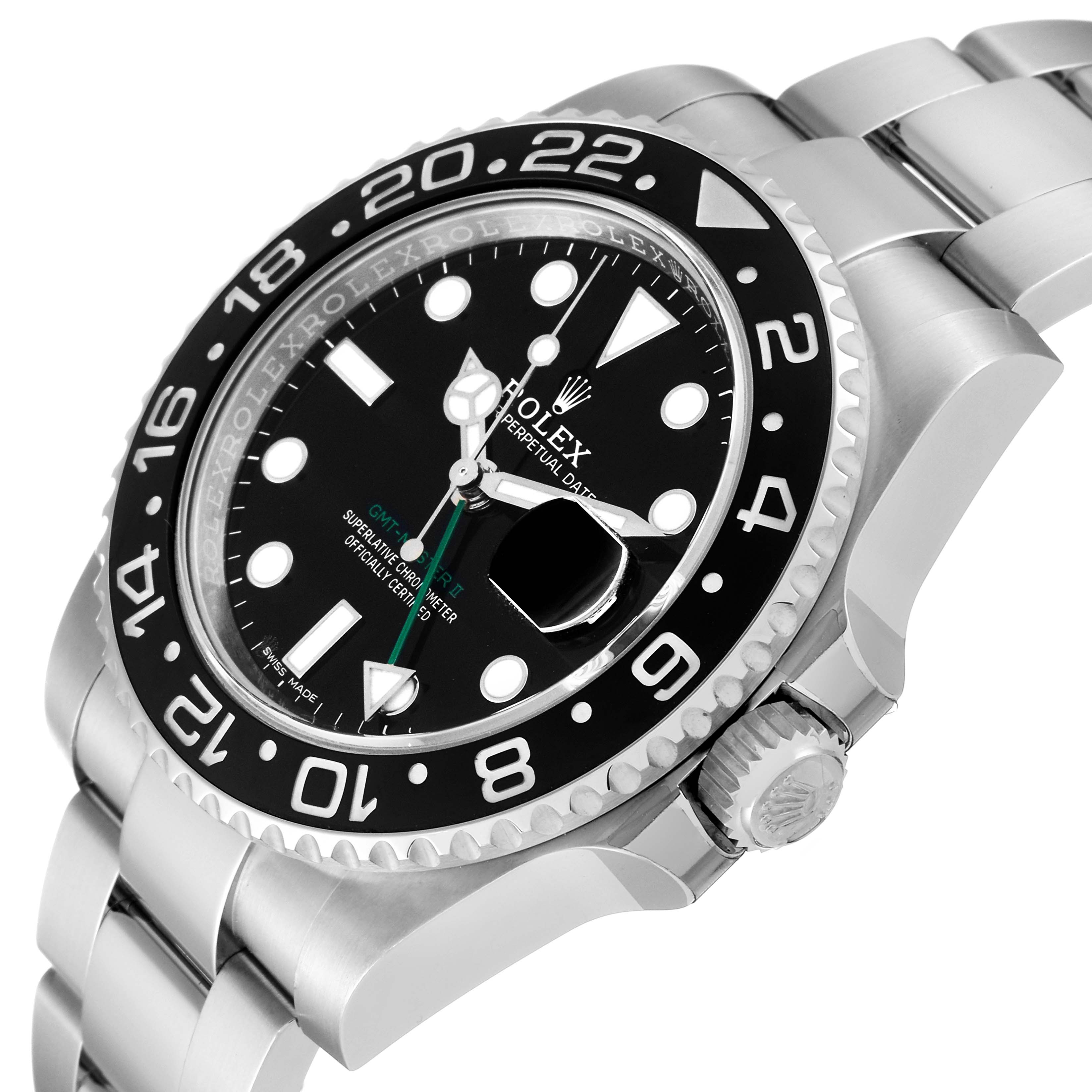 This image shows a side-angle view of the face, bezel, and bracelet of a Rolex GMT-Master 116710 Men's Stainless Steel Black Dial 116710 Men's Stainless Steel Black Dial watch.