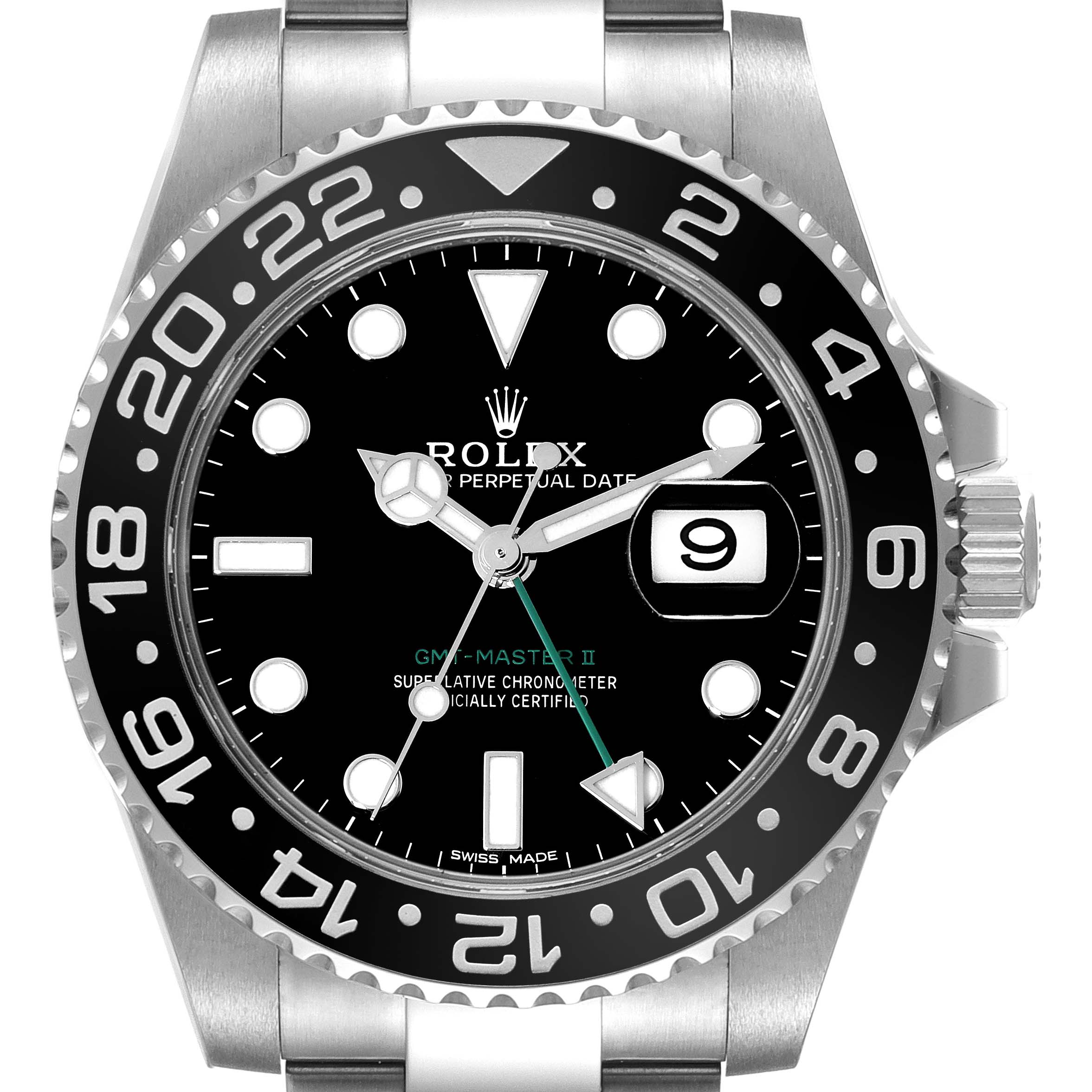 This image shows a front view of the Rolex GMT-Master 116710 Men's Stainless Steel Black Dial 116710 Men's Stainless Steel Black Dial II watch, highlighting its black dial, date window, and two-tone bezel.